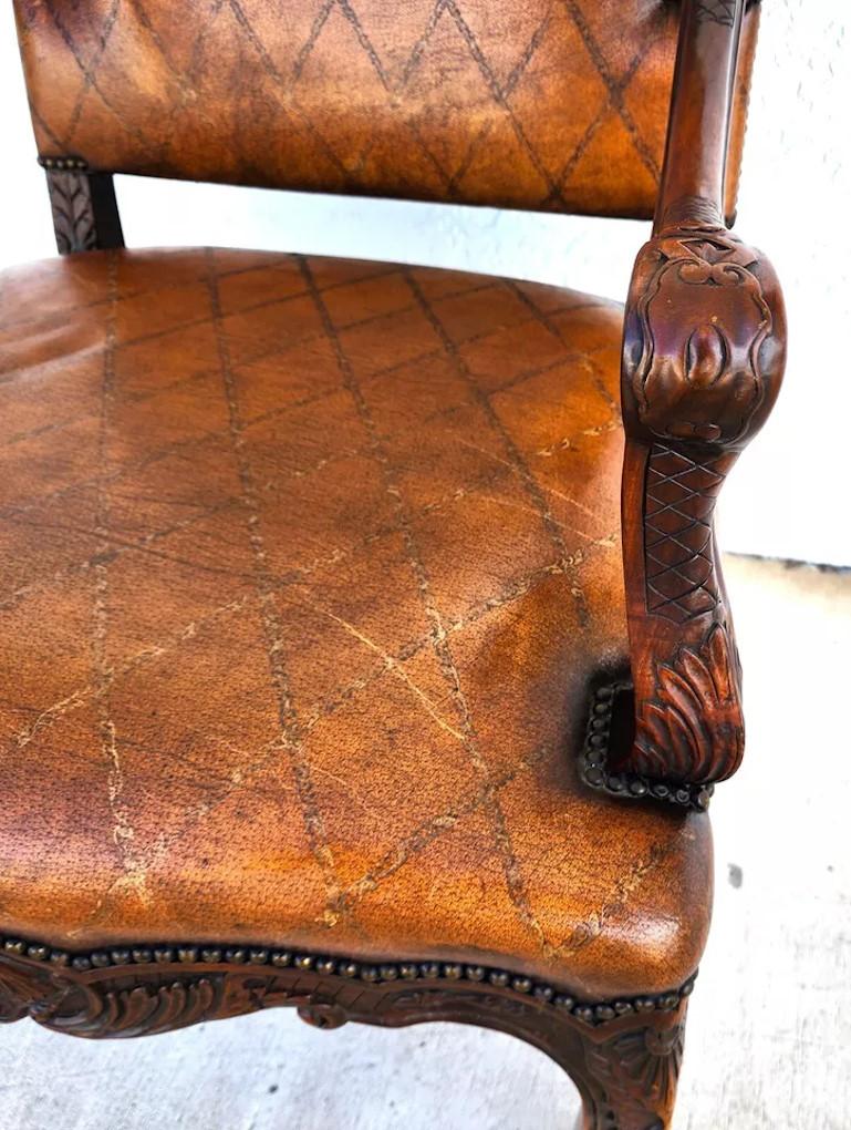 Late 20th Century Theodore Alexander French Louis XV Leather Arm Chair For Sale