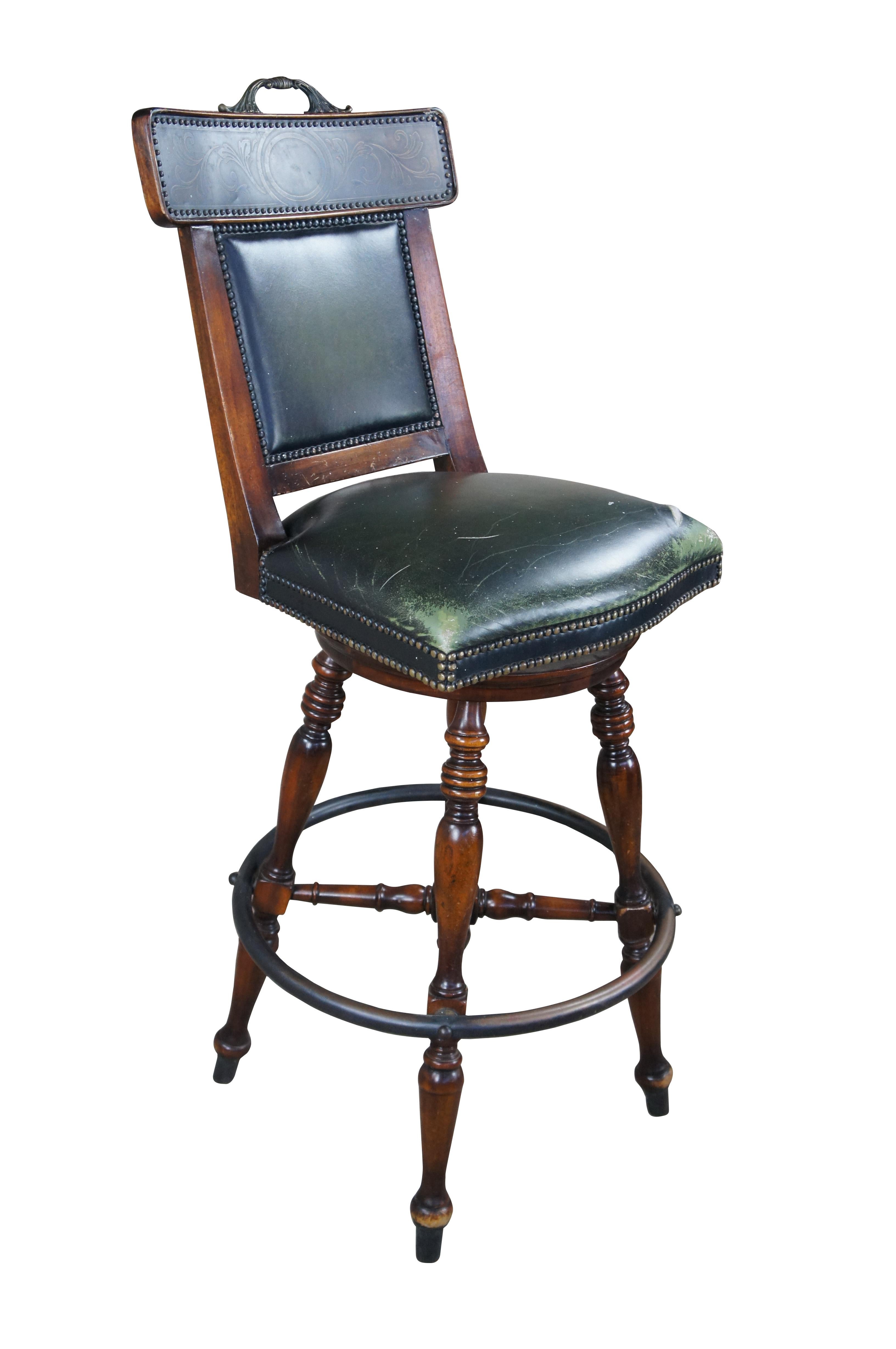 Theodore Alexander French Louis XV Mahogany Green Leather Swivel Bar Stool In Good Condition For Sale In Dayton, OH