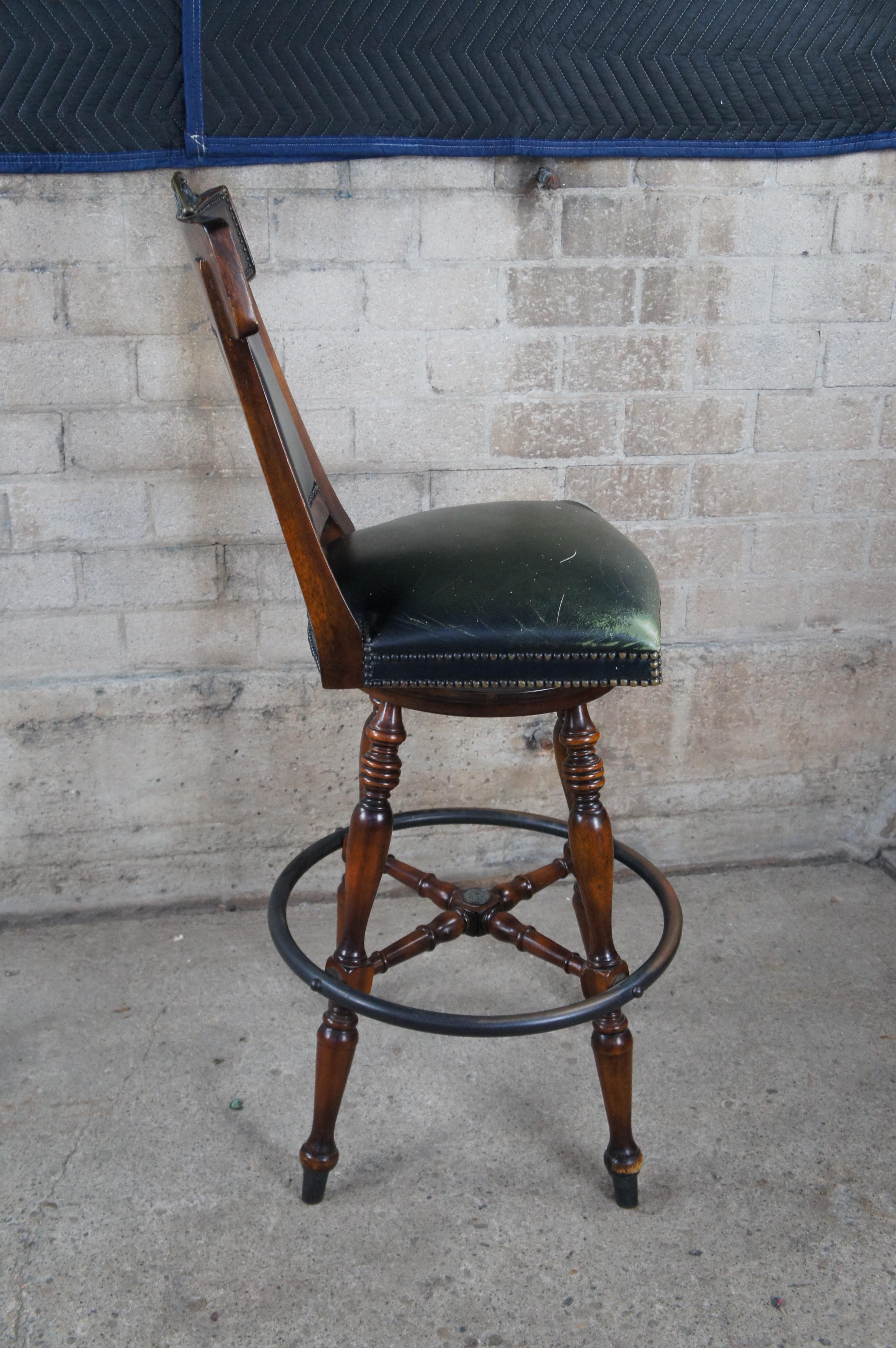 20th Century Theodore Alexander French Louis XV Mahogany Green Leather Swivel Bar Stool For Sale