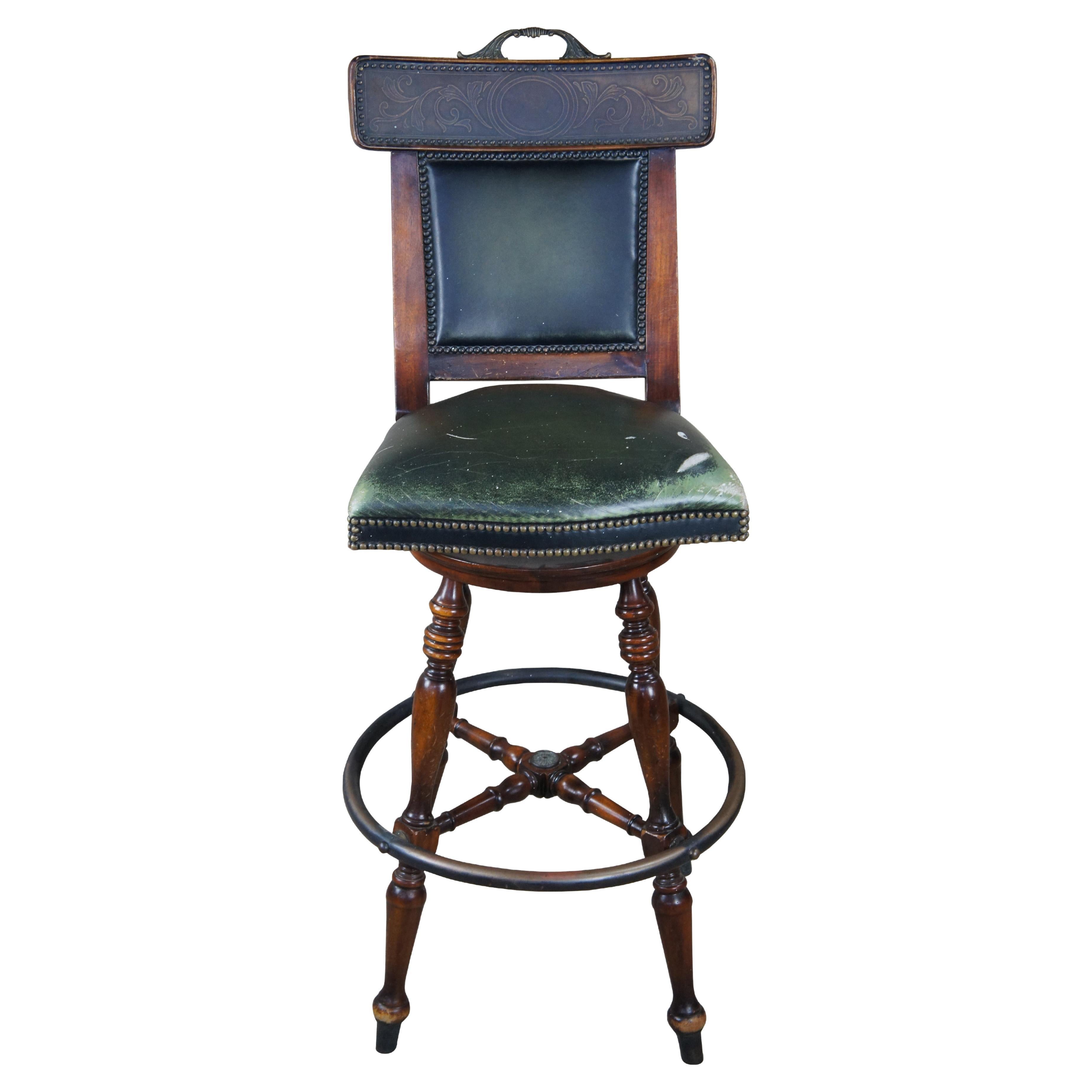 Theodore Alexander French Louis XV Mahogany Green Leather Swivel Bar Stool For Sale
