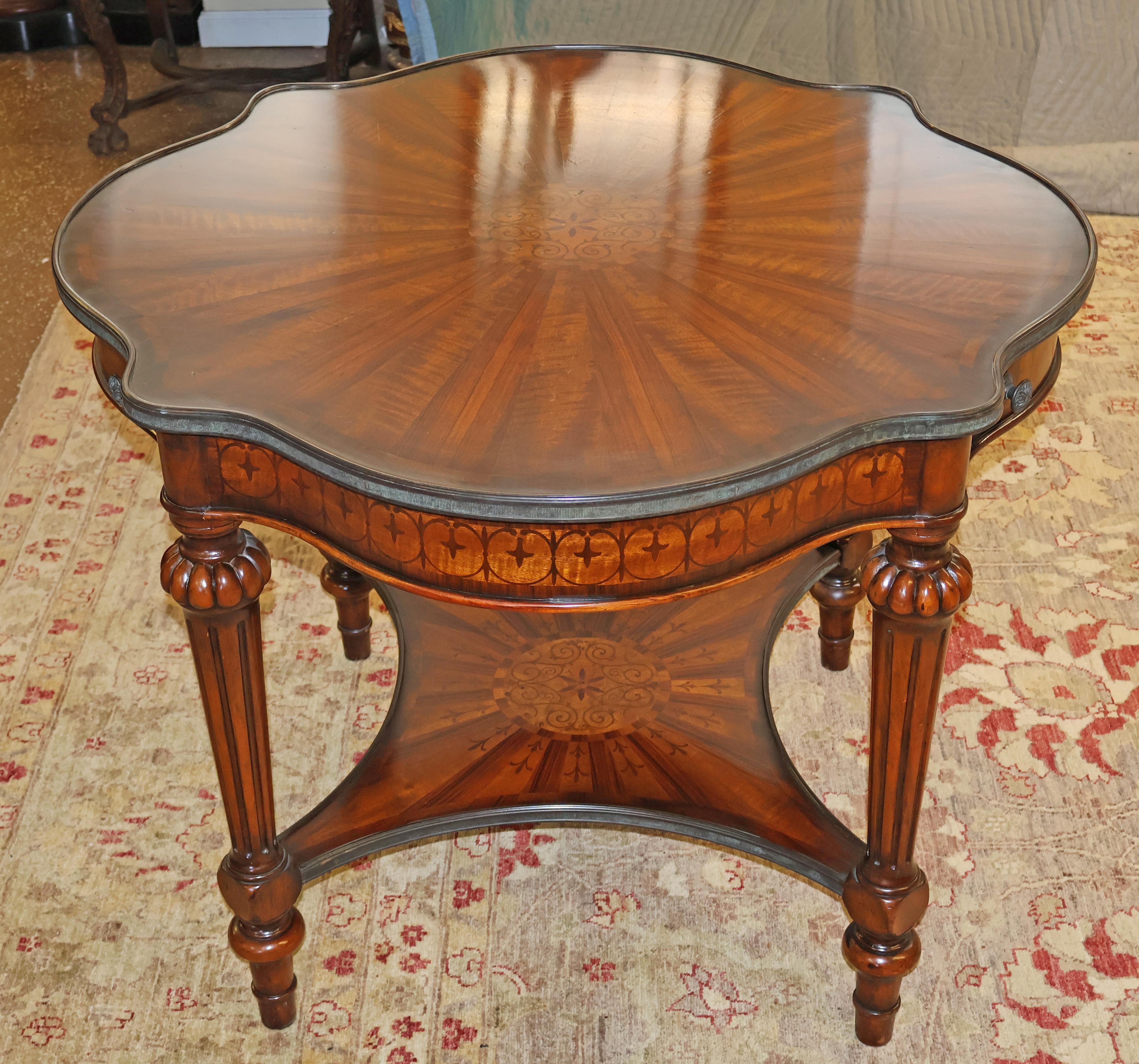 Vietnamese Theodore Alexander French Style Inlaid Burled Walnut Lamp End Center Table For Sale