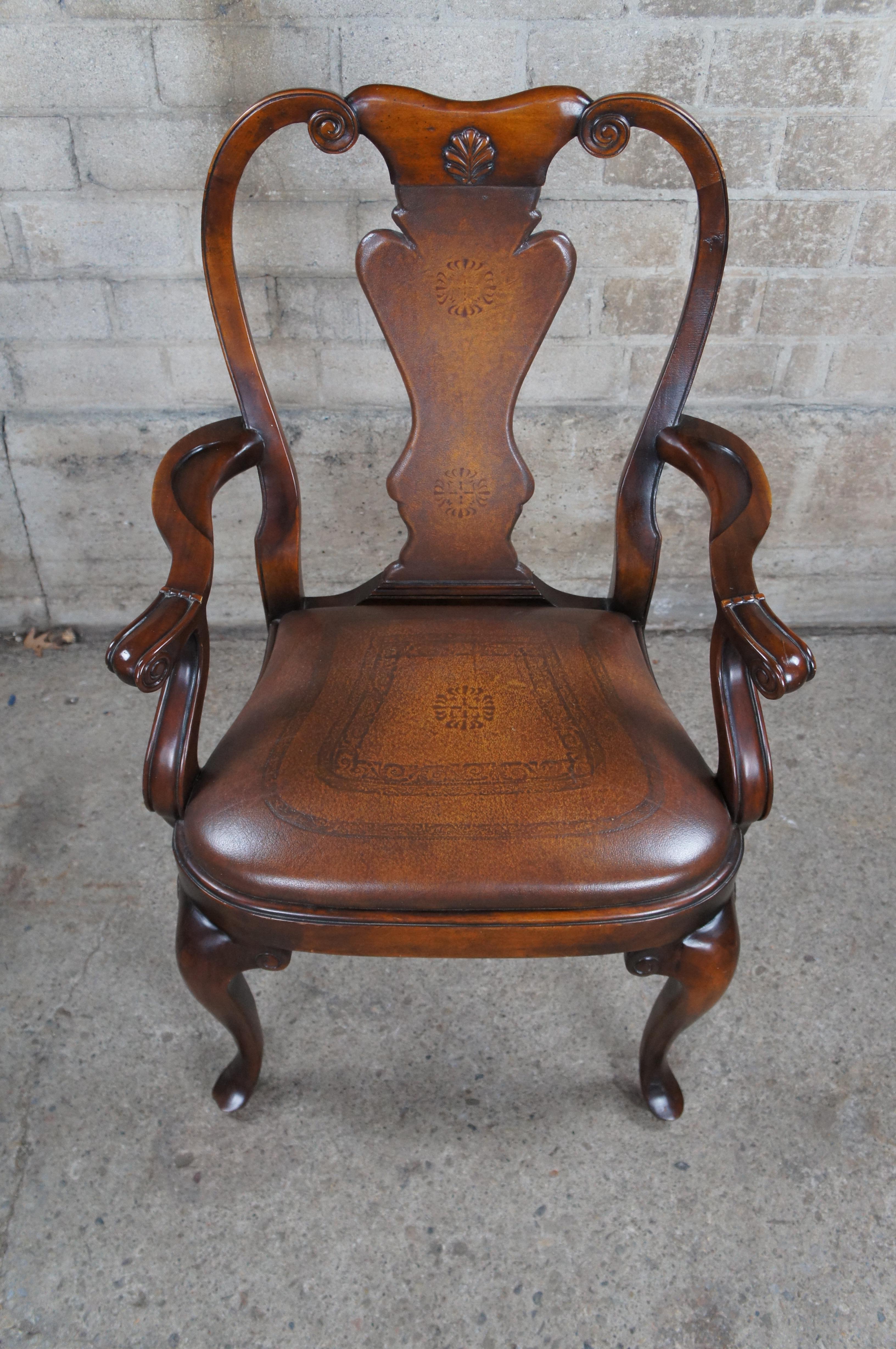20th Century Theodore Alexander Georgian Queen Anne Style Mahogany & Leather Arm Desk Chair For Sale