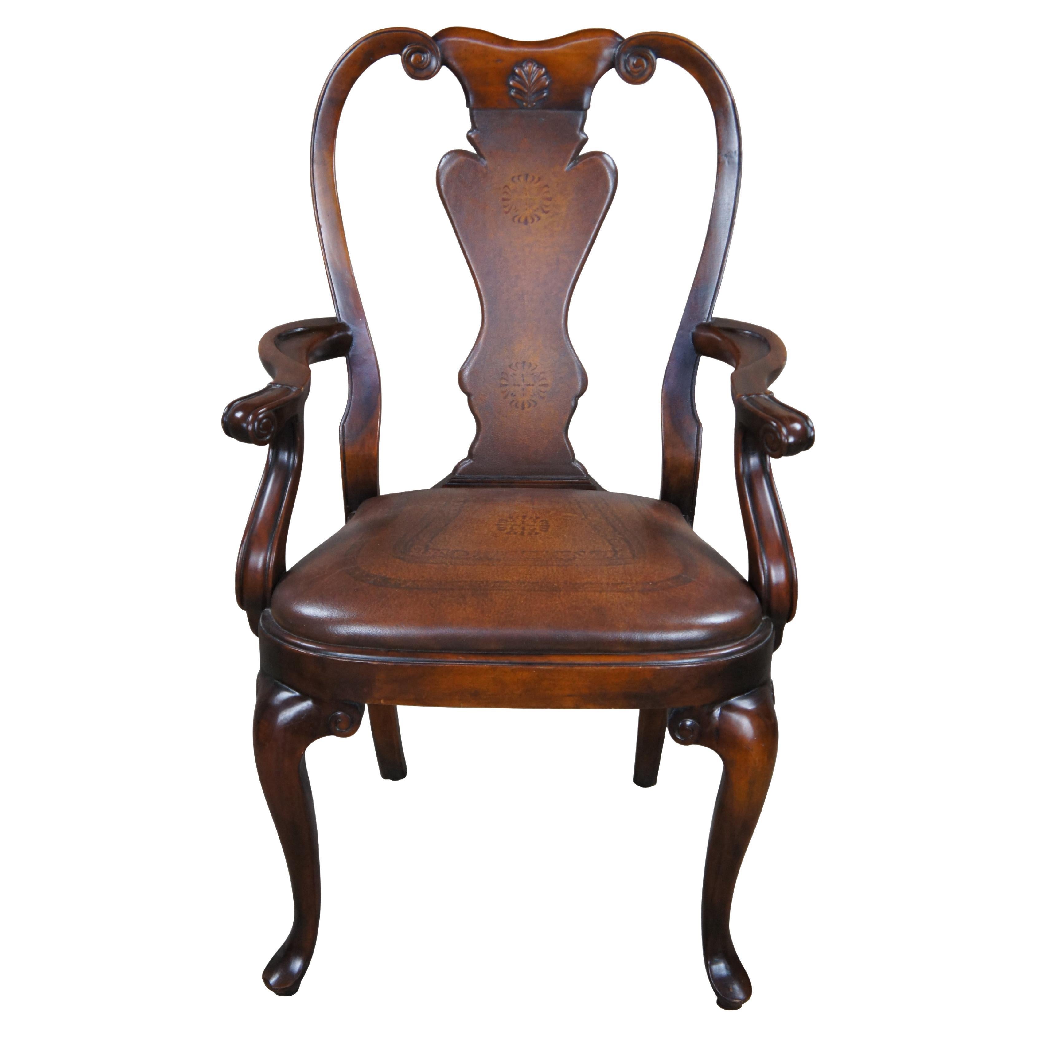 Theodore Alexander Georgian Queen Anne Style Mahogany & Leather Arm Desk Chair For Sale