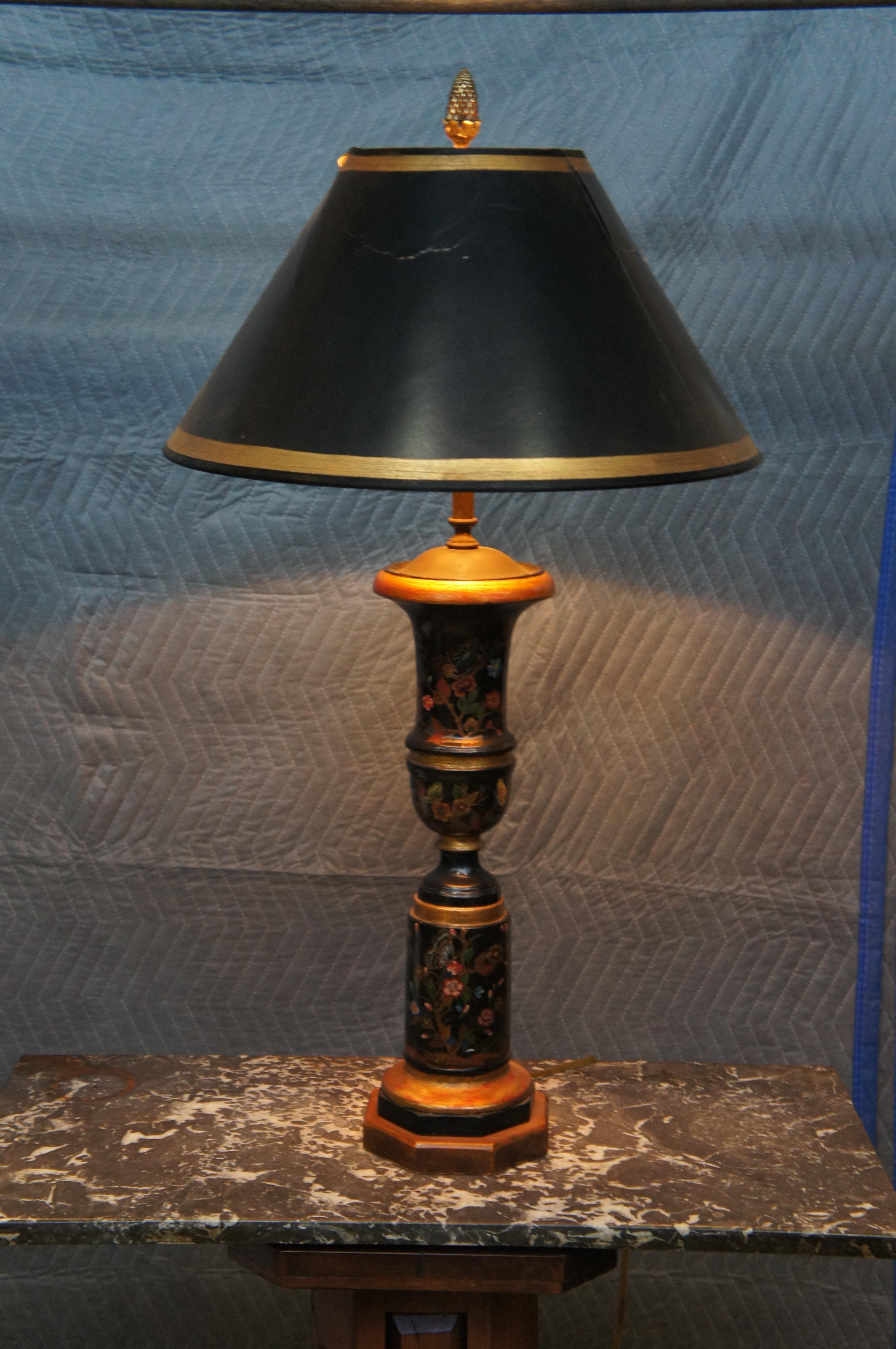 Theodore Alexander Hand Painted Black & Gold Tole Style Trophy Table Buffet Lamp For Sale 7