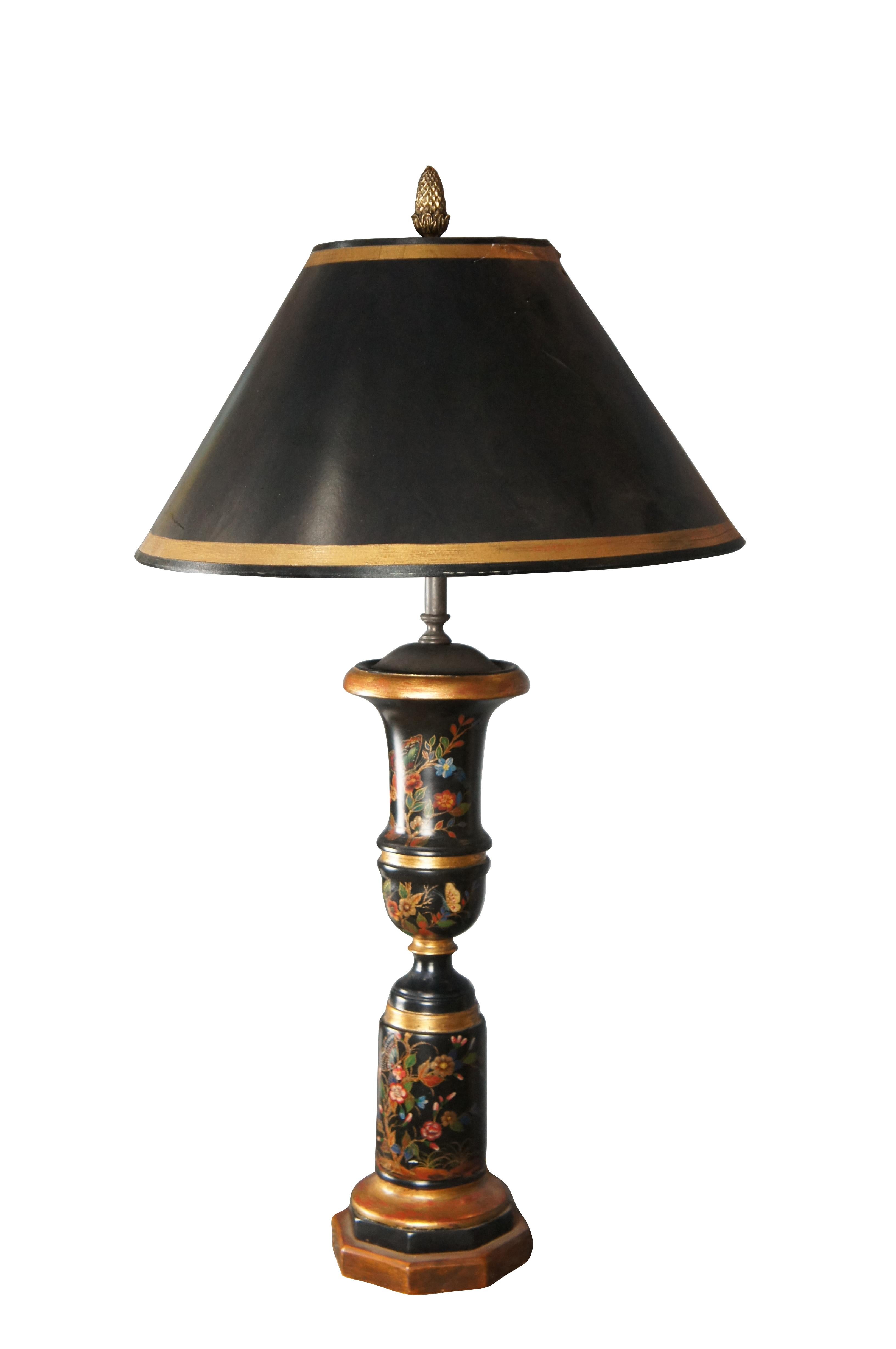 Chinoiserie Theodore Alexander Hand Painted Black & Gold Tole Style Trophy Table Buffet Lamp For Sale