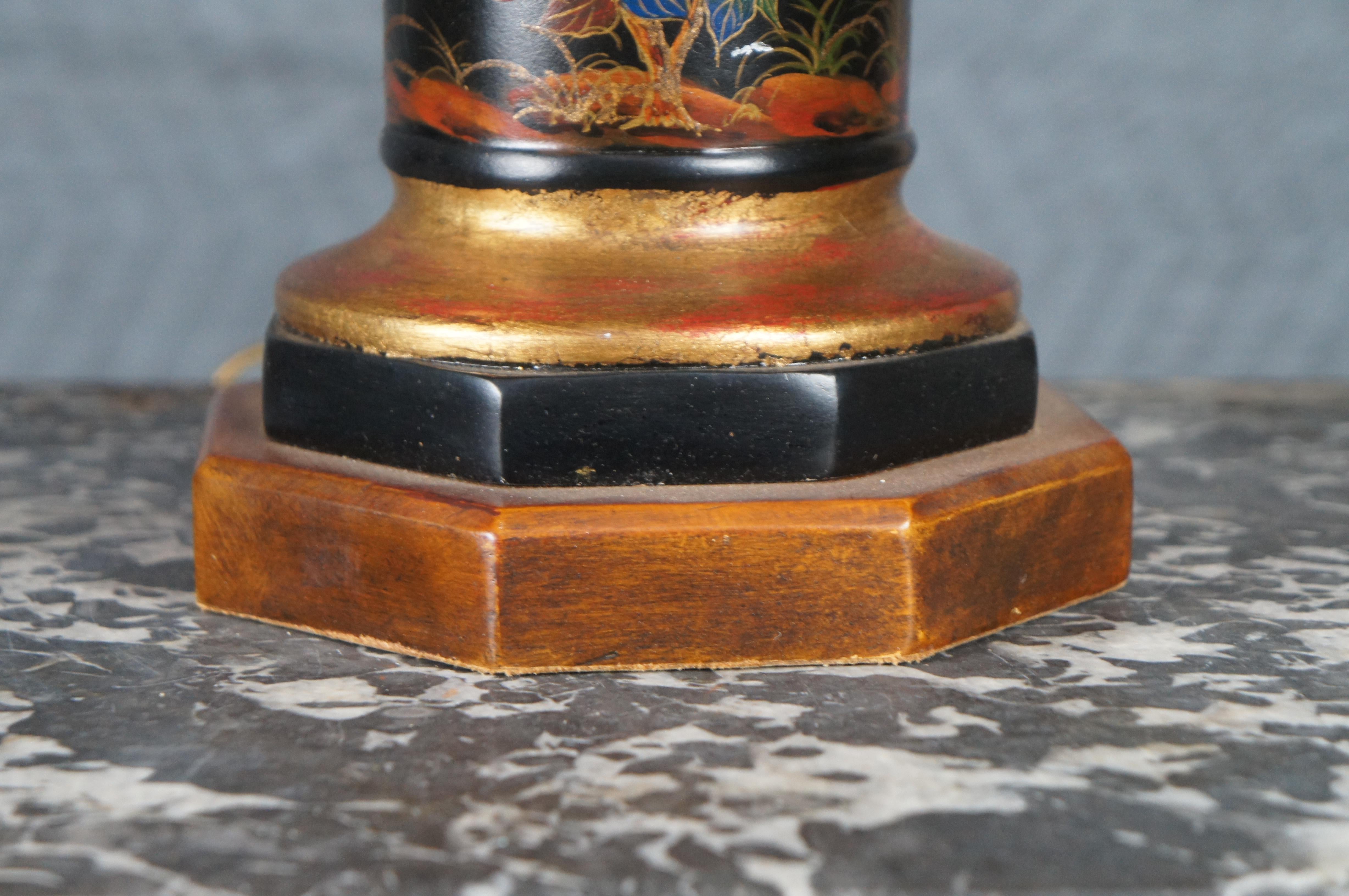 20th Century Theodore Alexander Hand Painted Black & Gold Tole Style Trophy Table Buffet Lamp For Sale