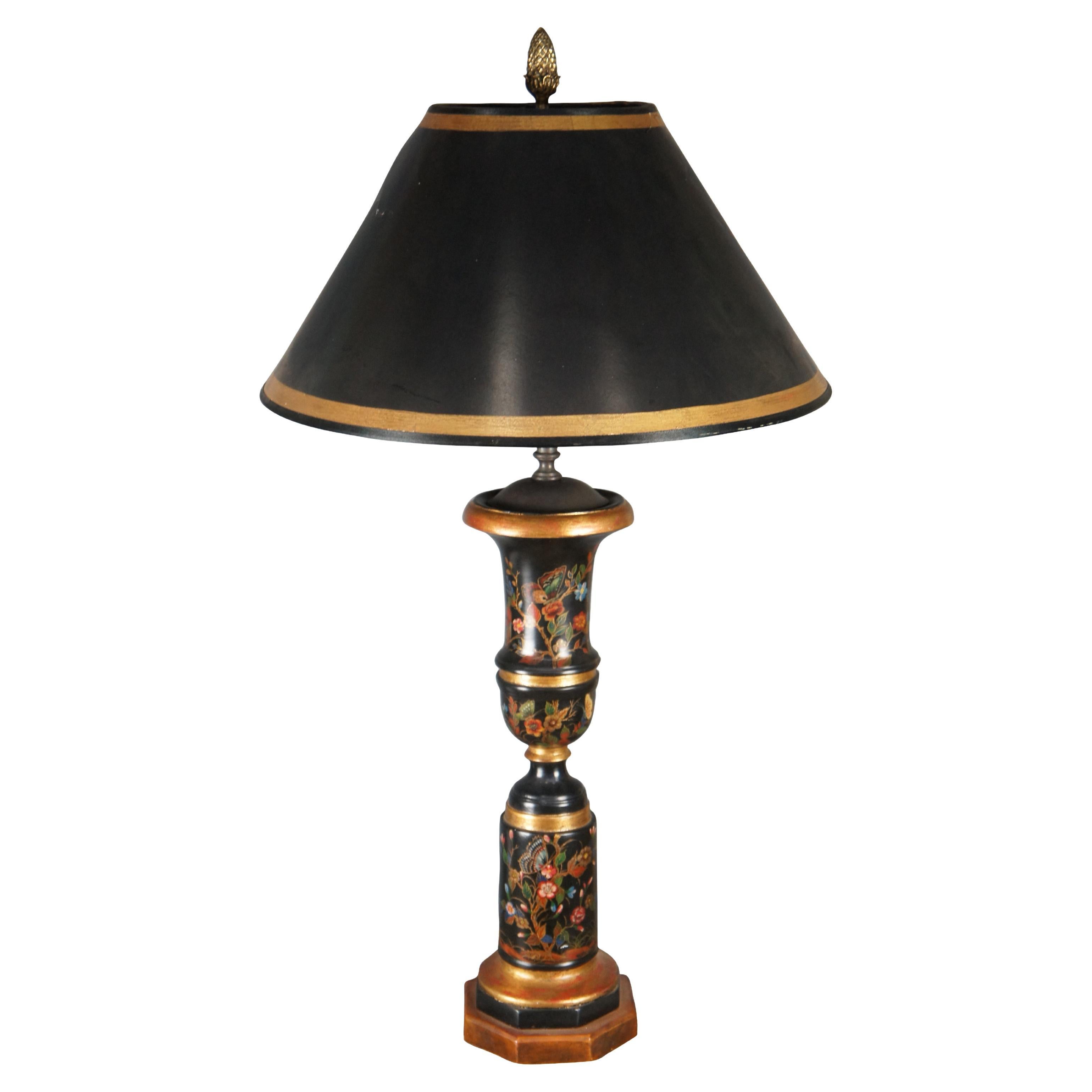 Theodore Alexander Hand Painted Black & Gold Tole Style Trophy Table Buffet Lamp For Sale