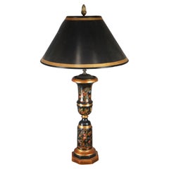 Retro Theodore Alexander Hand Painted Black & Gold Tole Style Trophy Table Buffet Lamp