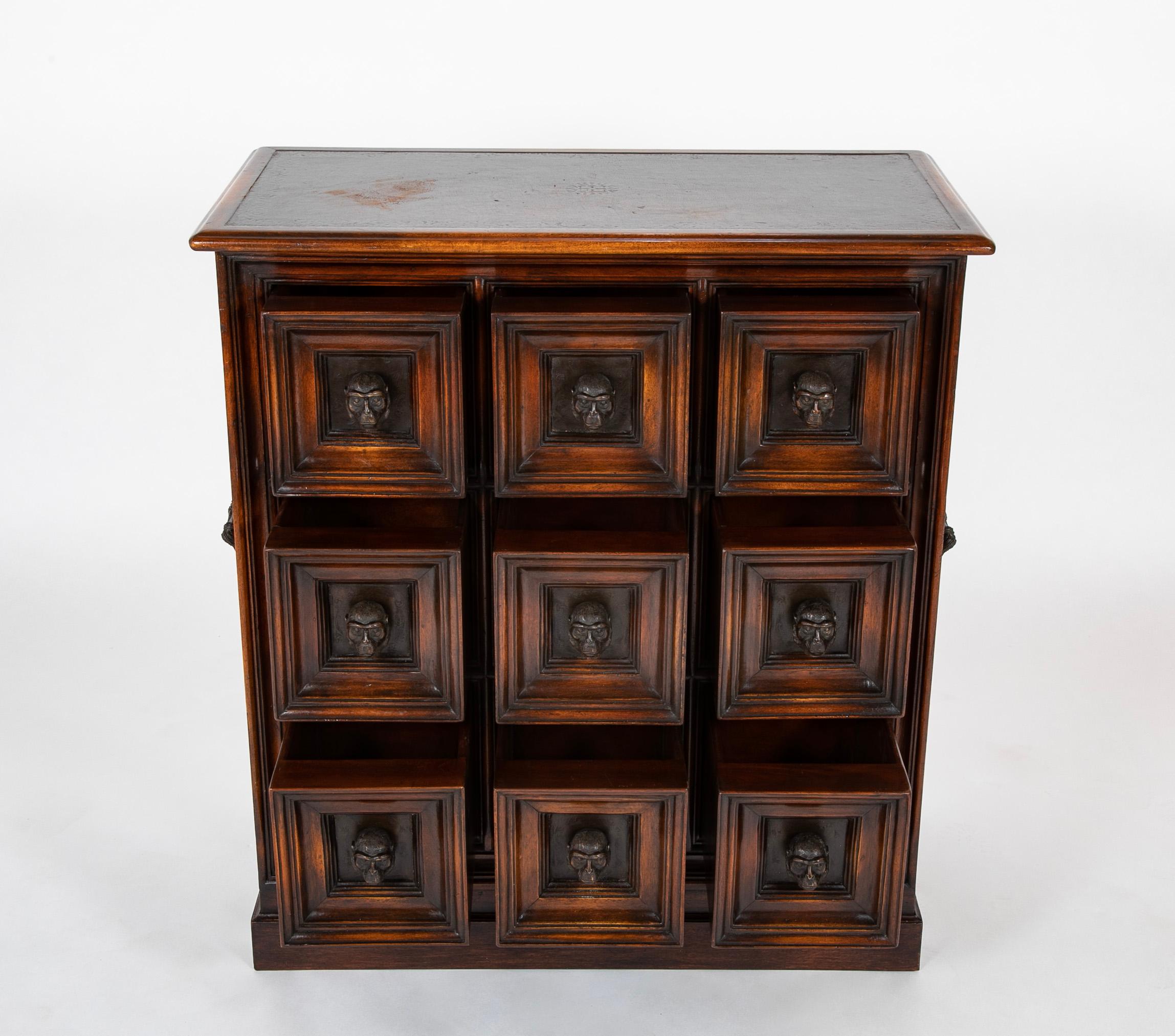 20th Century Theodore Alexander Humorous Chest of Nine Drawers with Bronze Monkey Head Pulls For Sale