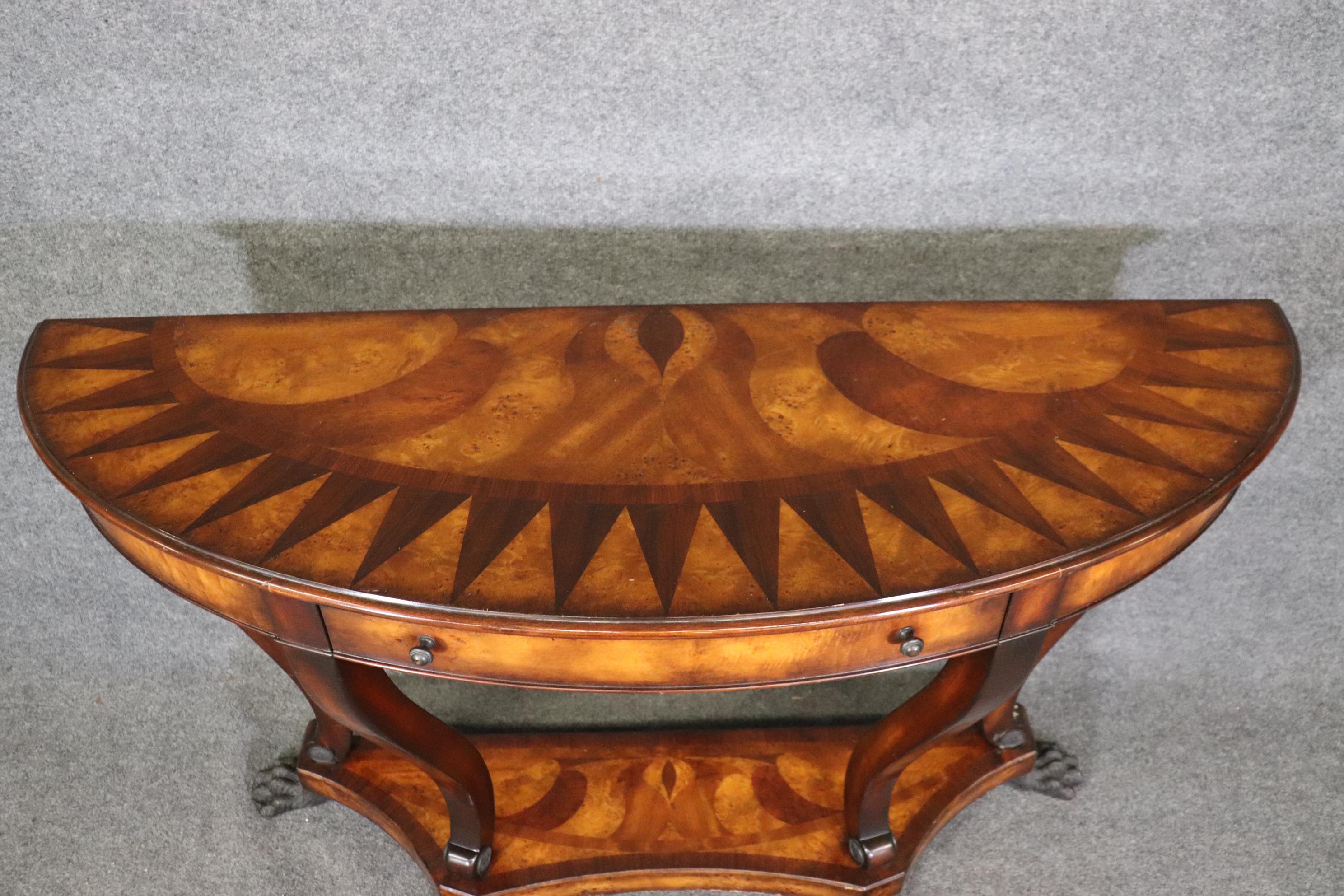 Vietnamese Theodore Alexander Inlaid Bronze Paw Footed Burled Walnut Console Table  For Sale
