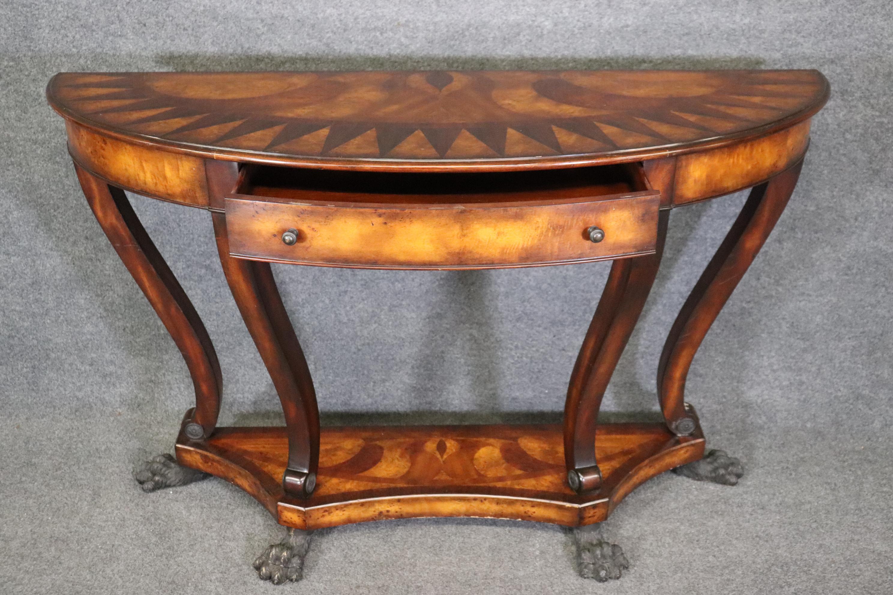 Theodore Alexander Inlaid Bronze Paw Footed Burled Walnut Console Table  In Good Condition For Sale In Swedesboro, NJ