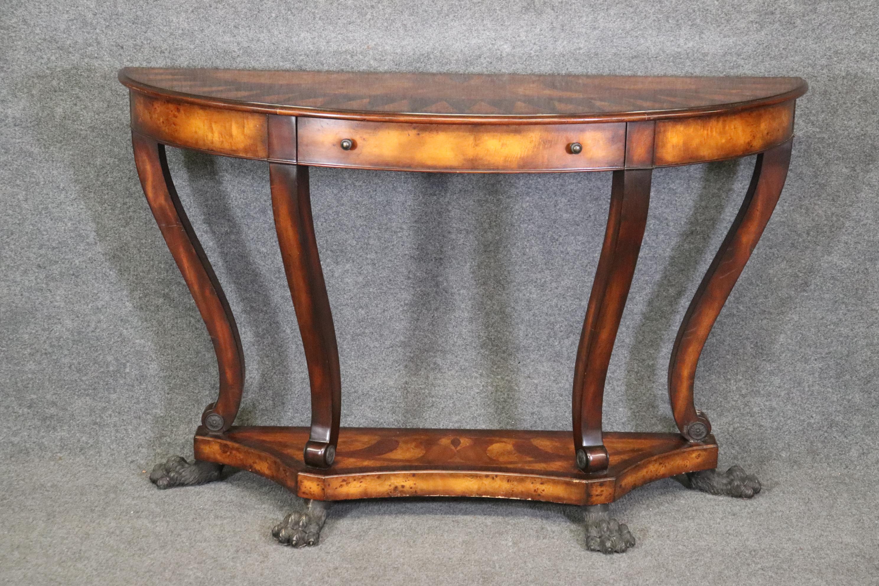 Contemporary Theodore Alexander Inlaid Bronze Paw Footed Burled Walnut Console Table  For Sale