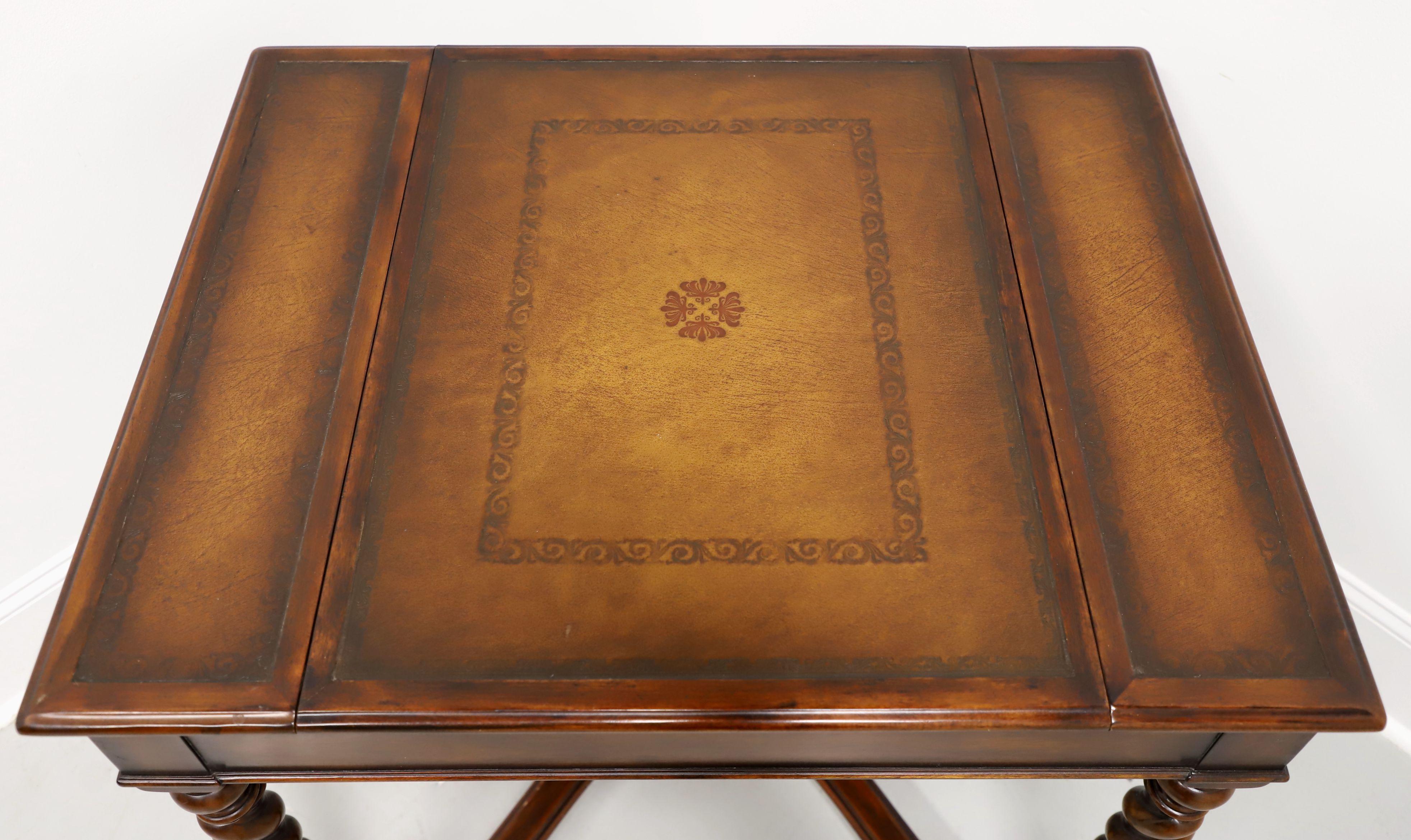 THEODORE ALEXANDER Inlaid Walnut Acacia William & Mary Leather Top Game Table In Good Condition In Charlotte, NC
