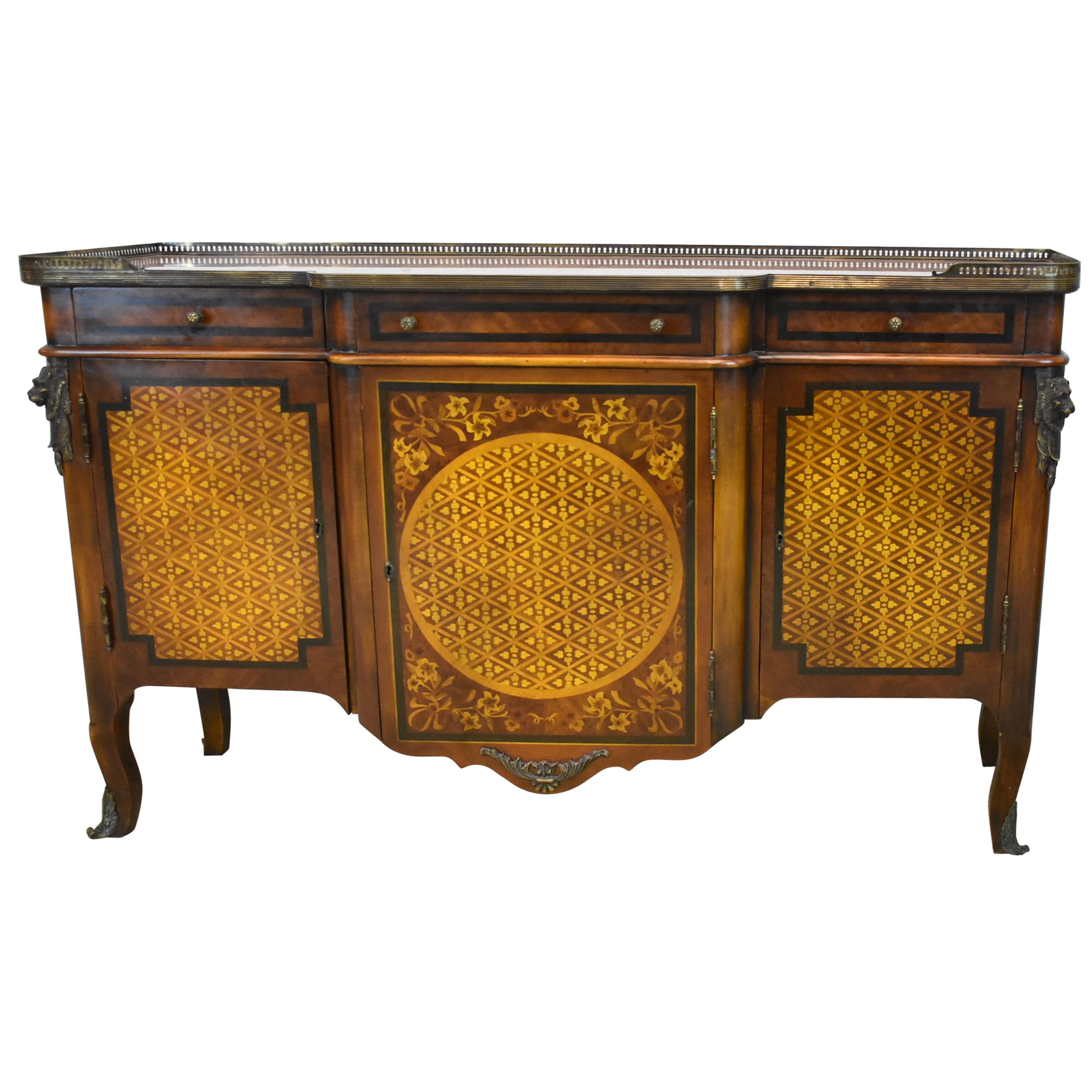 Theodore Alexander Italian Sideboard Marble Top Floral Inlay Brass Lion Mounts