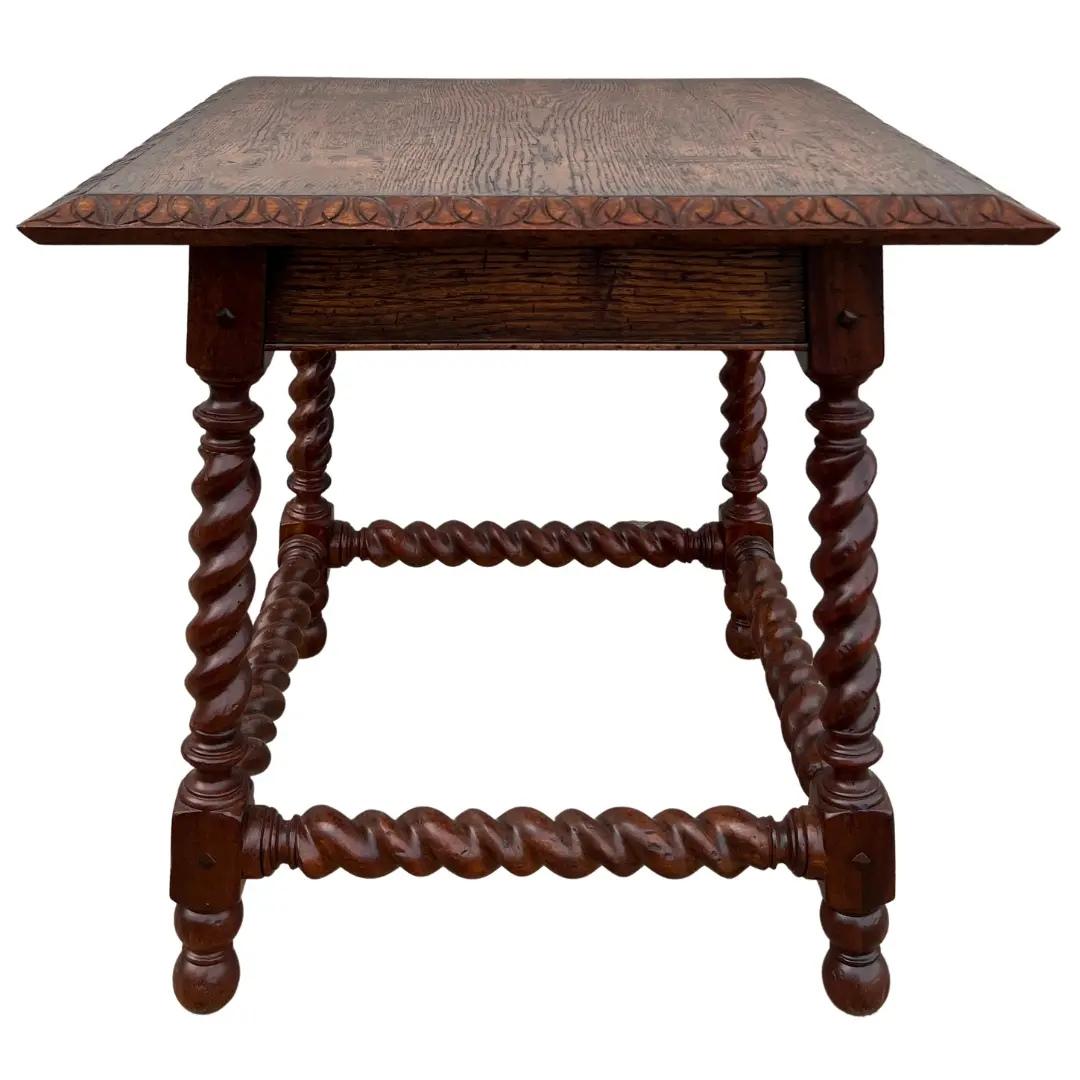 This table is showroom new and has never been used. 

A square rustic Jacobean style oak veneered end table by Theodore Alexander. Features a chamfered carved edge top, an angled carved spiral leg columns joined with a spiral stretcher.

Dimensions: