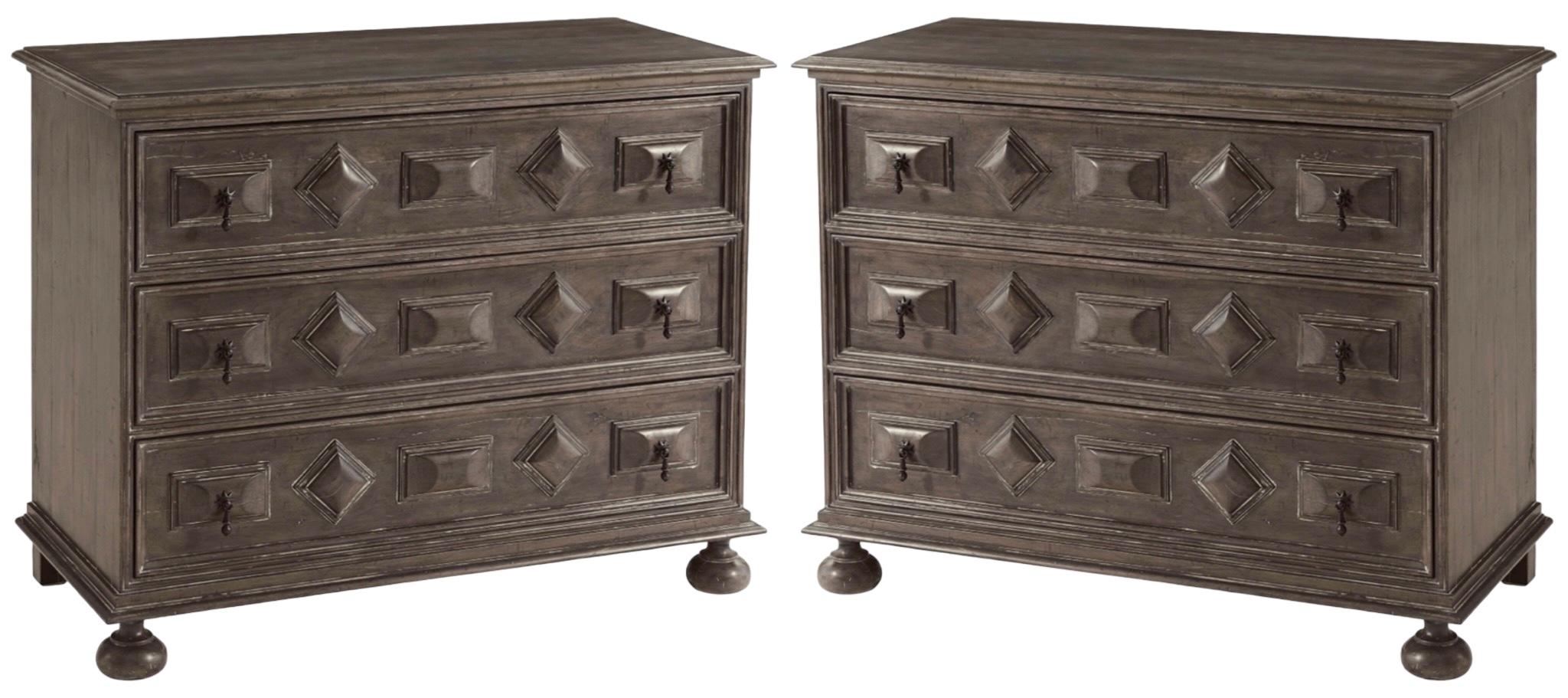 Contemporary Theodore Alexander Jacobean Style Carved Alder And Brass Chests / Commode -Pair For Sale