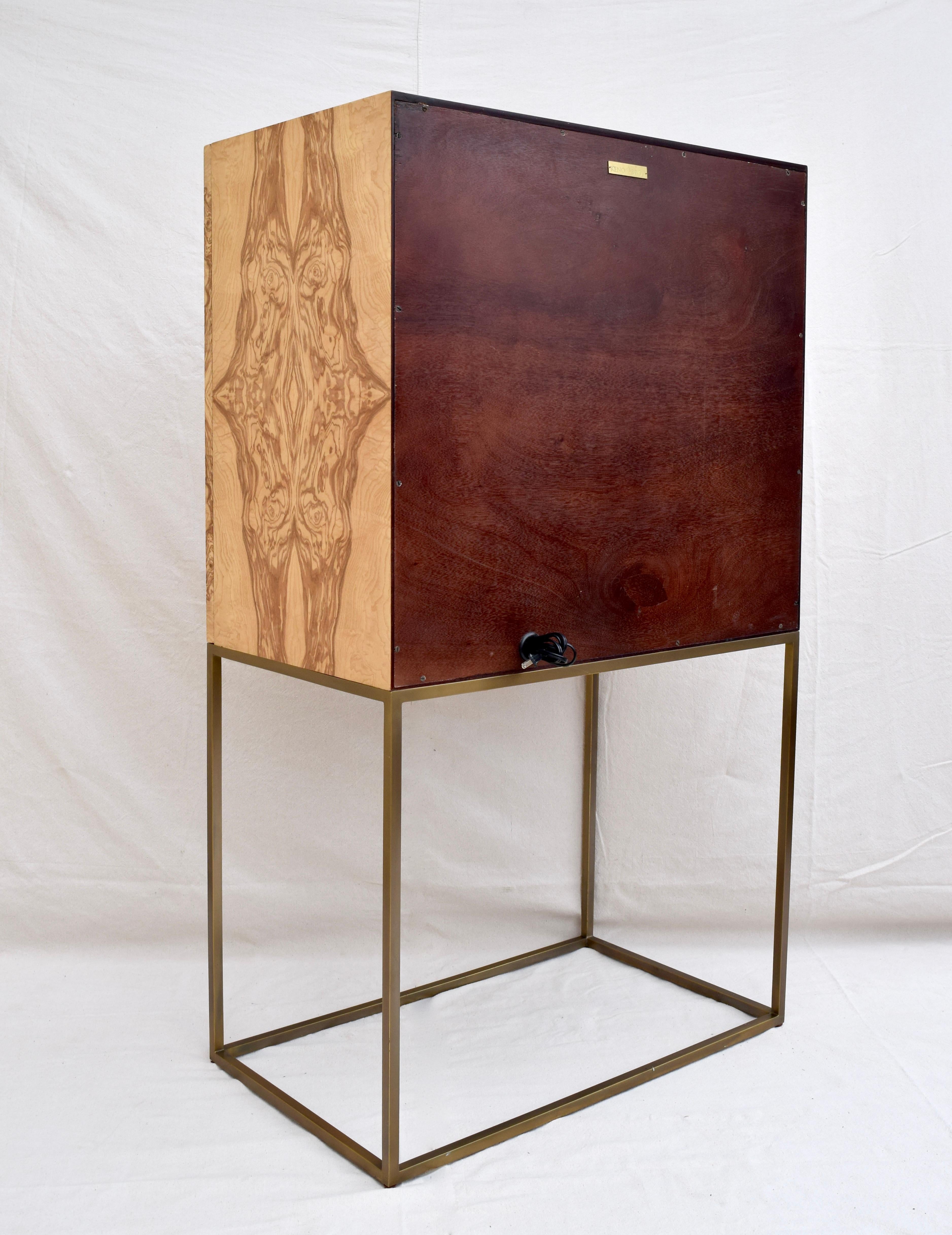 Mid-Century Modern Theodore Alexander Keno Bros, Collection Burl and Brass Bar Cabinet For Sale