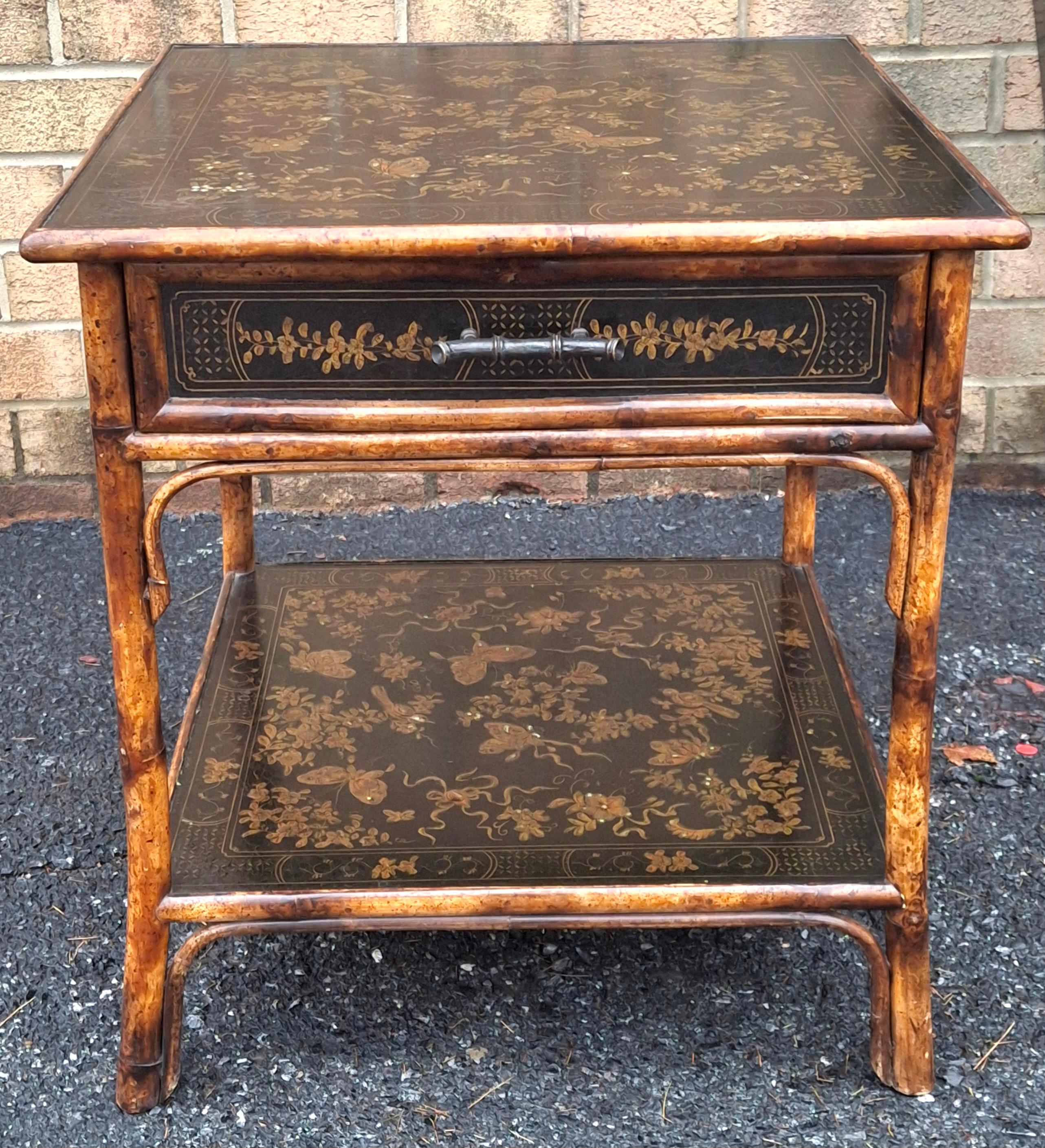 Theodore Alexander lack Japanned and Ornate Bamboo Single Drawer Tier Side Table For Sale 4