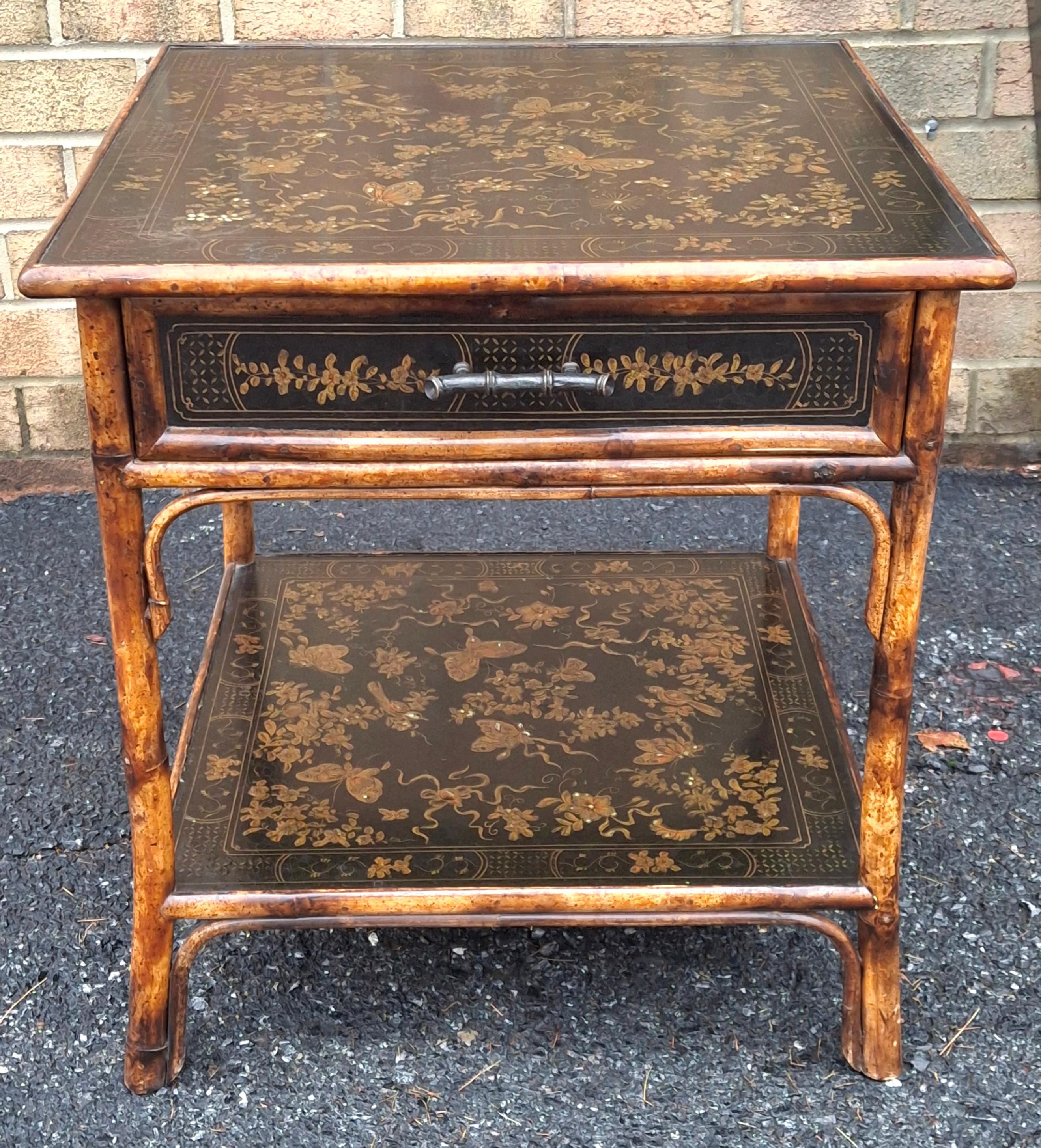 Theodore Alexander lack Japanned and Ornate Bamboo Single Drawer Tier Side Table For Sale 5