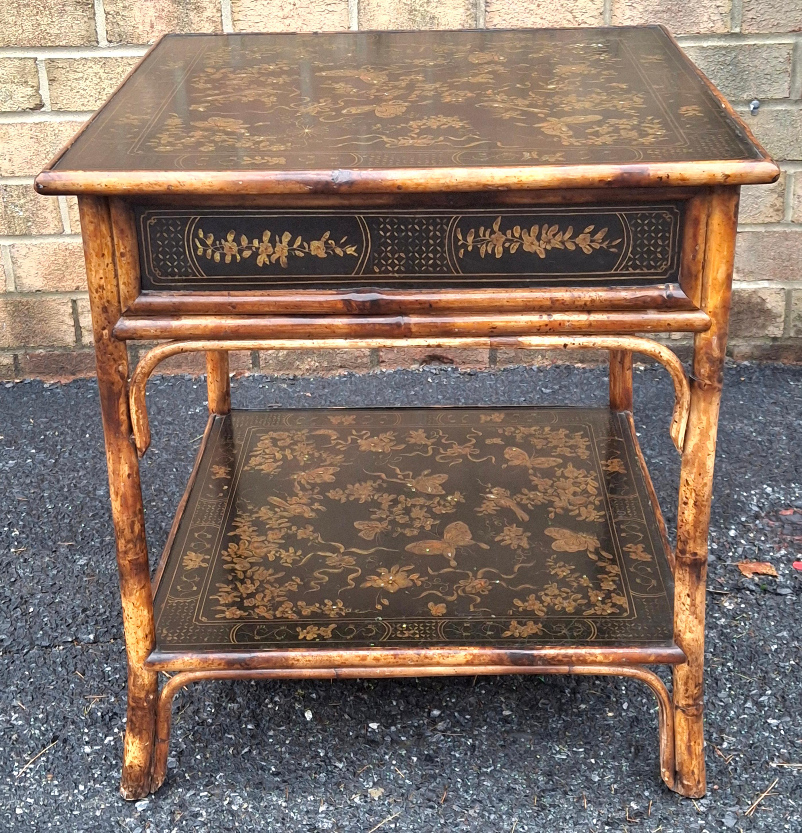 Theodore Alexander lack Japanned and Ornate Bamboo Single Drawer Tier Side Table For Sale 7