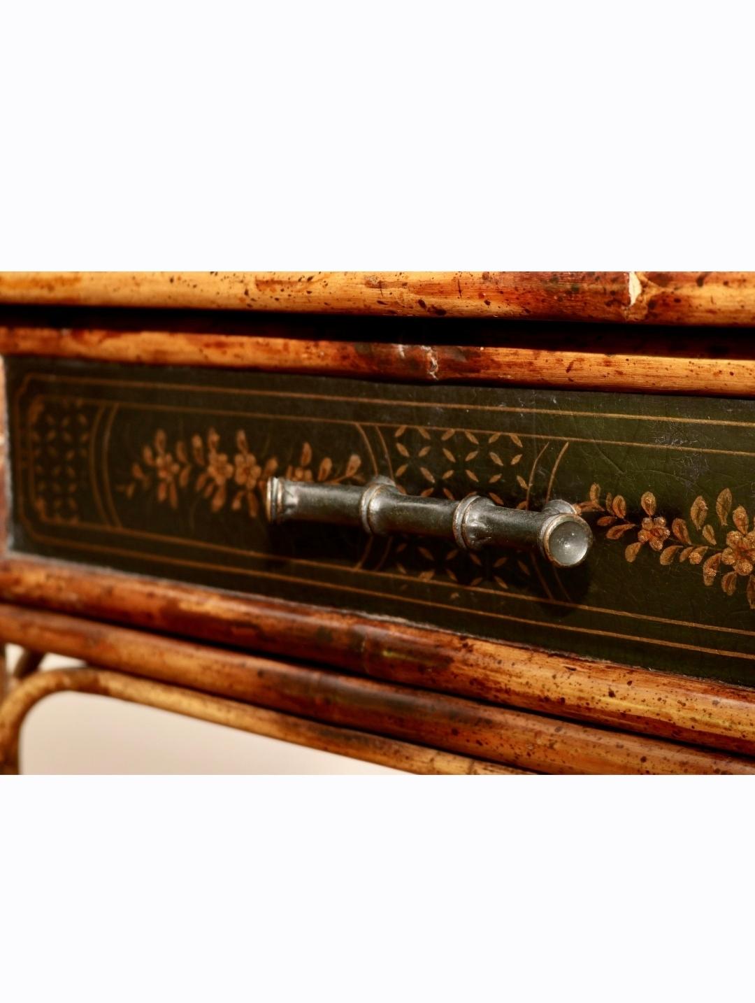 Theodore Alexander lack Japanned and Ornate Bamboo Single Drawer Tier Side Table For Sale 10