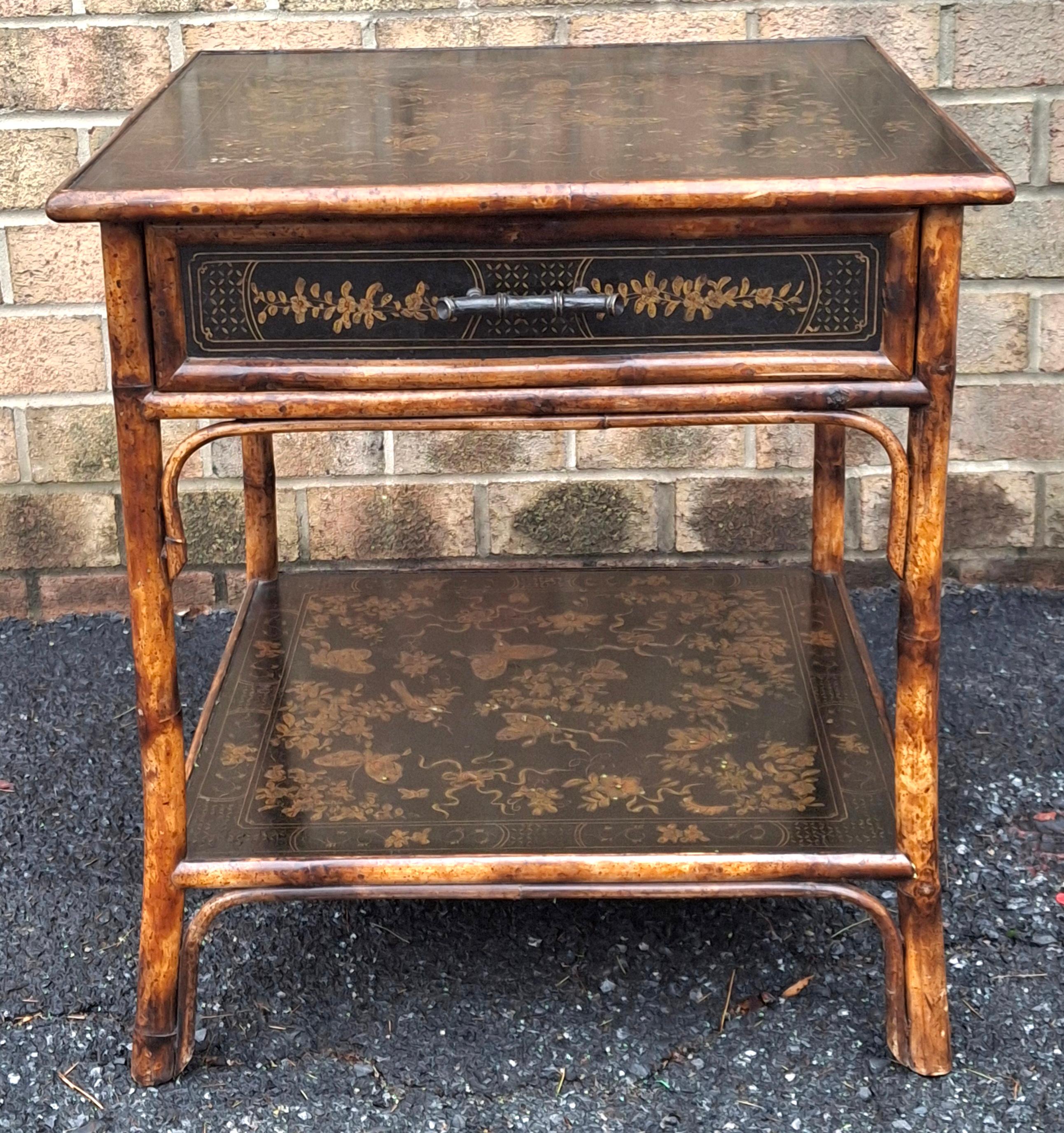 Anglo-Japanese Theodore Alexander lack Japanned and Ornate Bamboo Single Drawer Tier Side Table For Sale