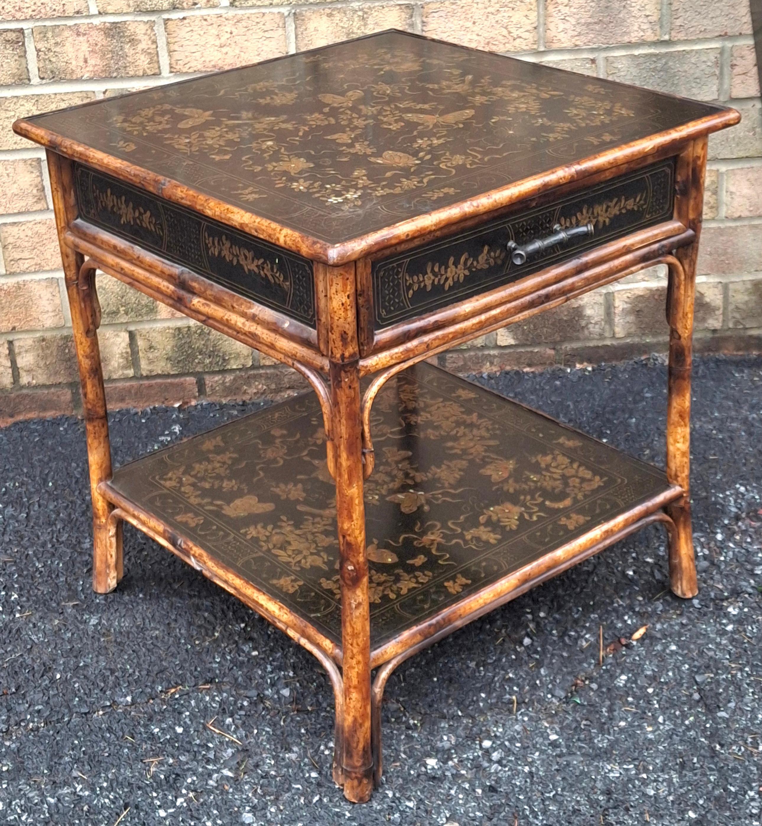 Other Theodore Alexander lack Japanned and Ornate Bamboo Single Drawer Tier Side Table For Sale