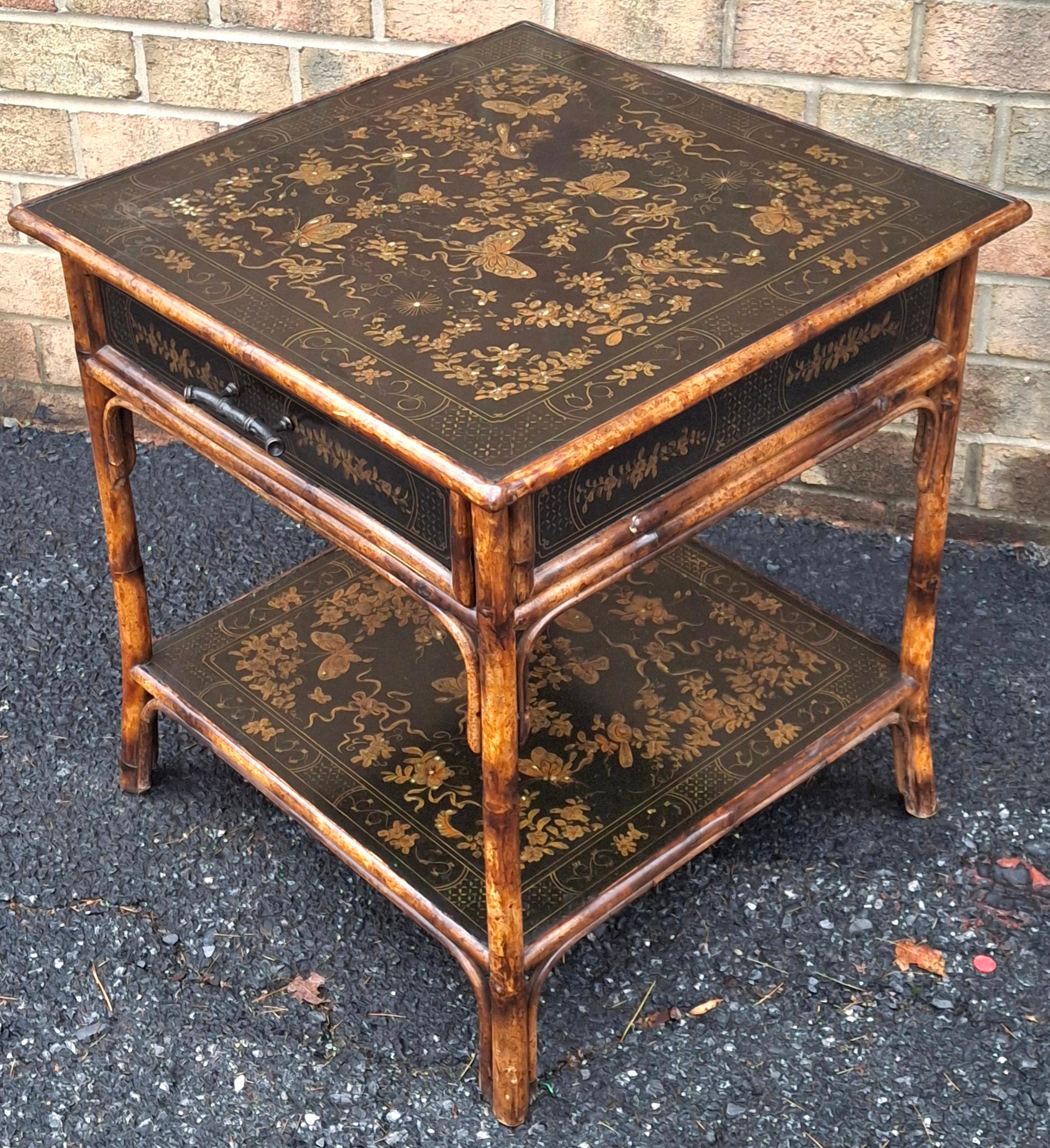 Theodore Alexander lack Japanned and Ornate Bamboo Single Drawer Tier Side Table For Sale 1