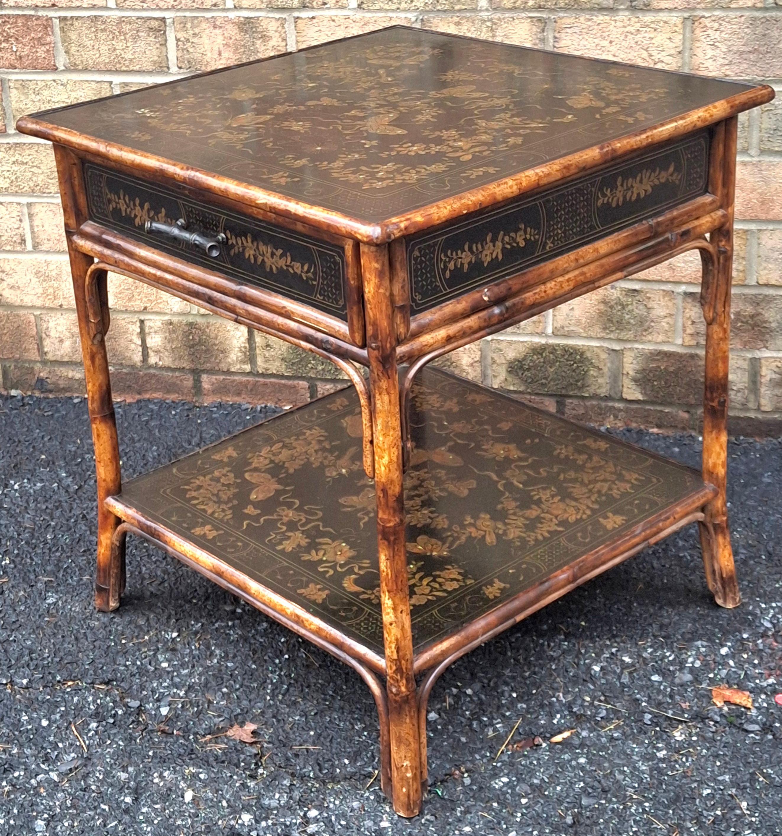 Theodore Alexander lack Japanned and Ornate Bamboo Single Drawer Tier Side Table For Sale 2