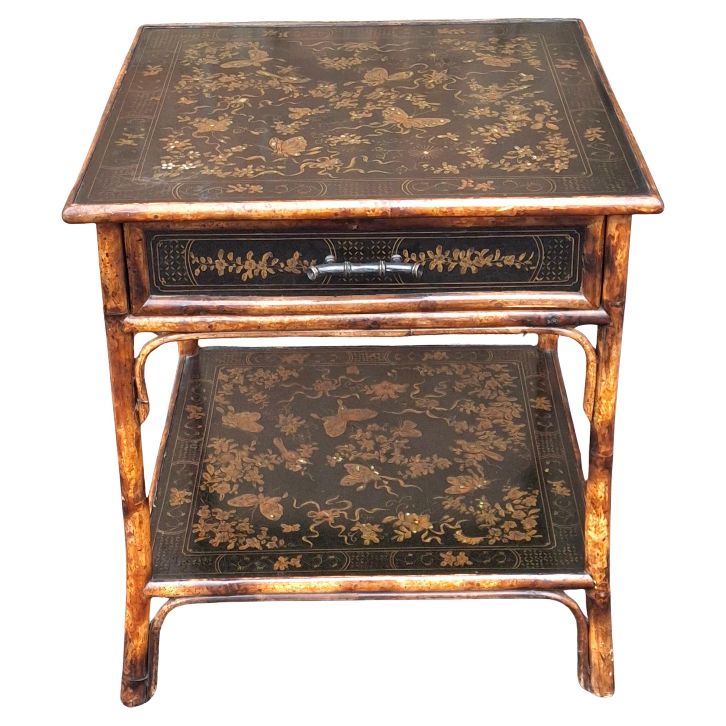 Theodore Alexander lack Japanned and Ornate Bamboo Single Drawer Tier Side Table For Sale