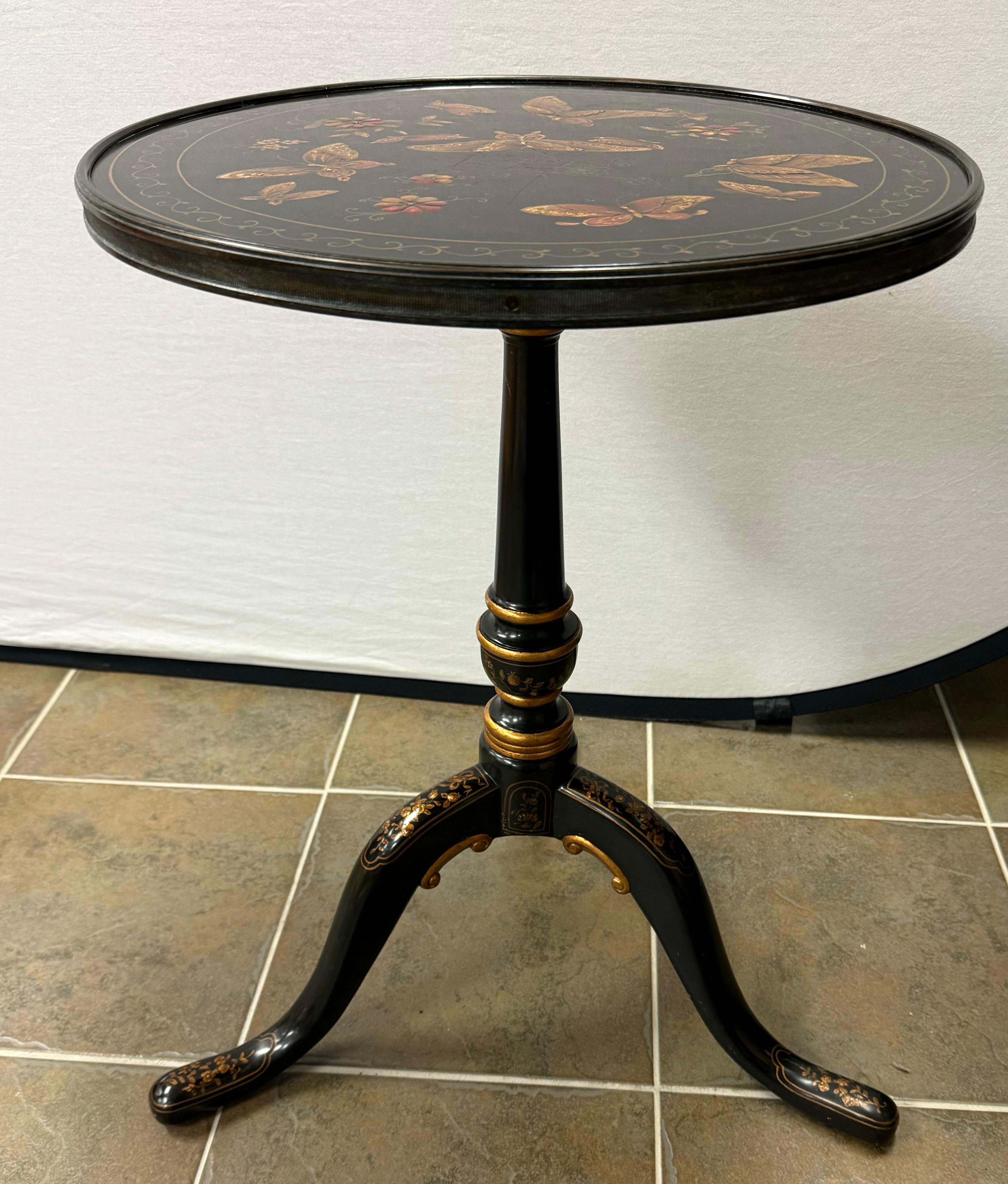Queen Anne Theodore Alexander Lacquered Butterfly Round Pedestal Side End Tripod Table For Sale