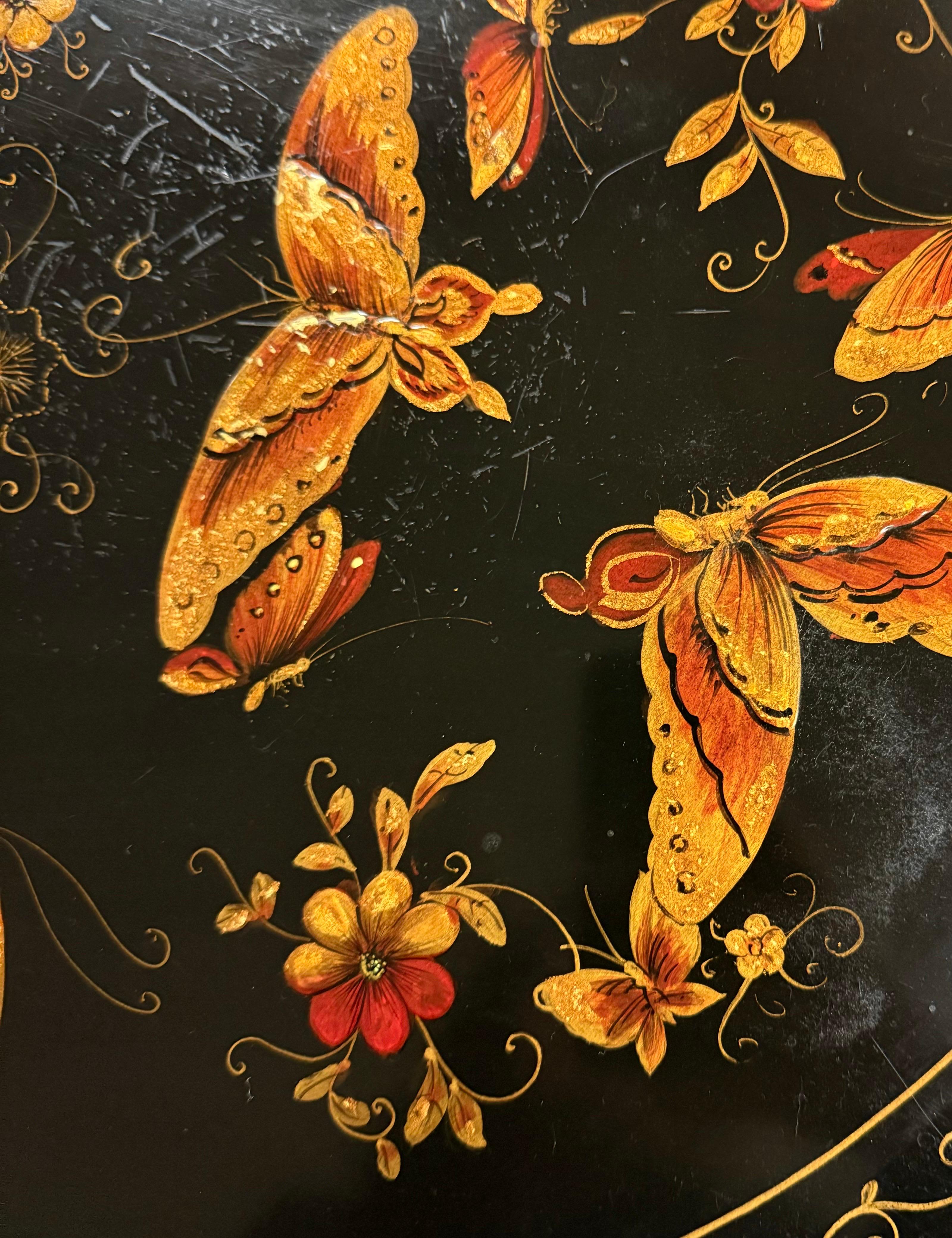 American Theodore Alexander Lacquered Butterfly Round Pedestal Side End Tripod Table For Sale