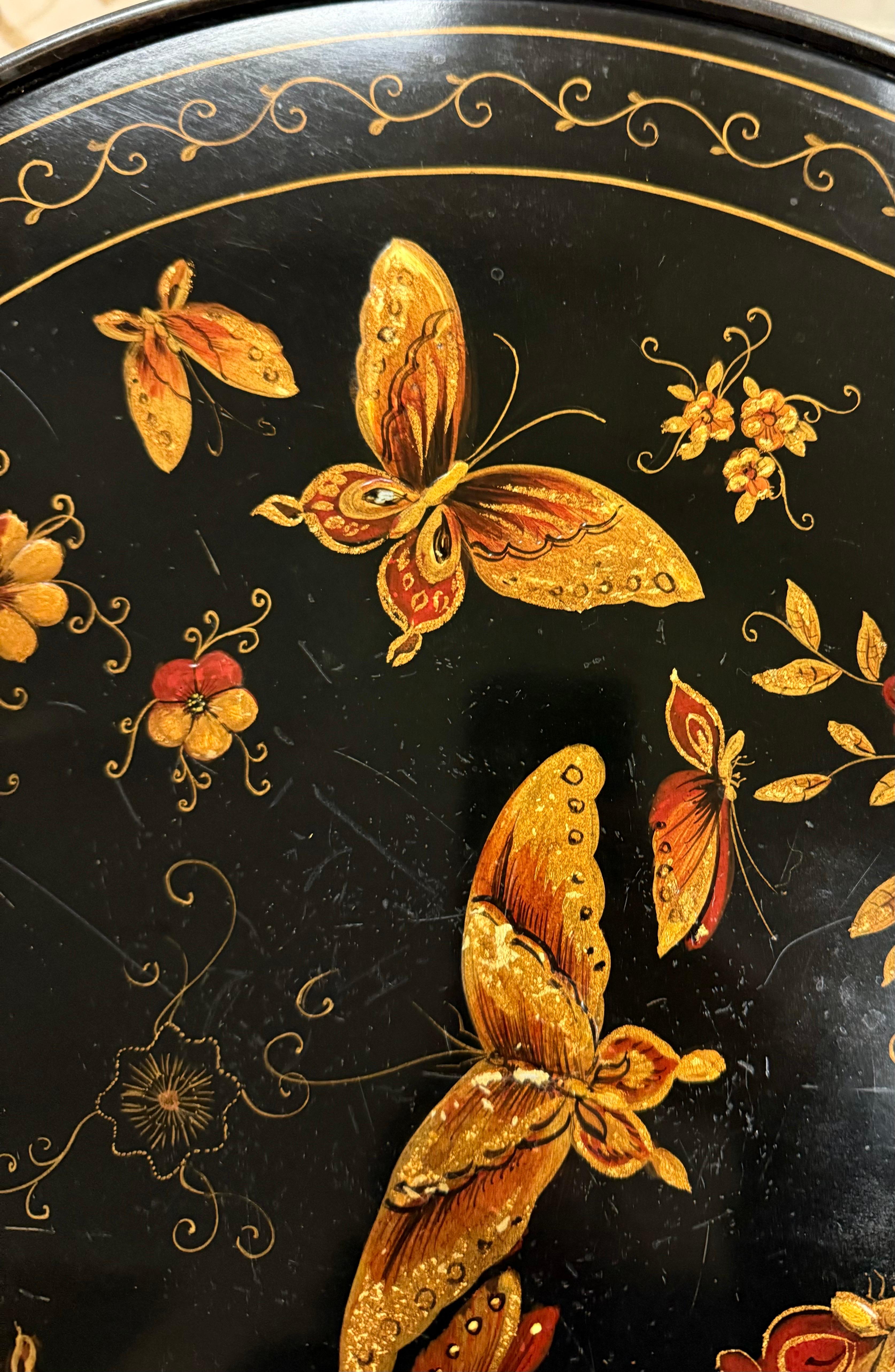Contemporary Theodore Alexander Lacquered Butterfly Round Pedestal Side End Tripod Table For Sale