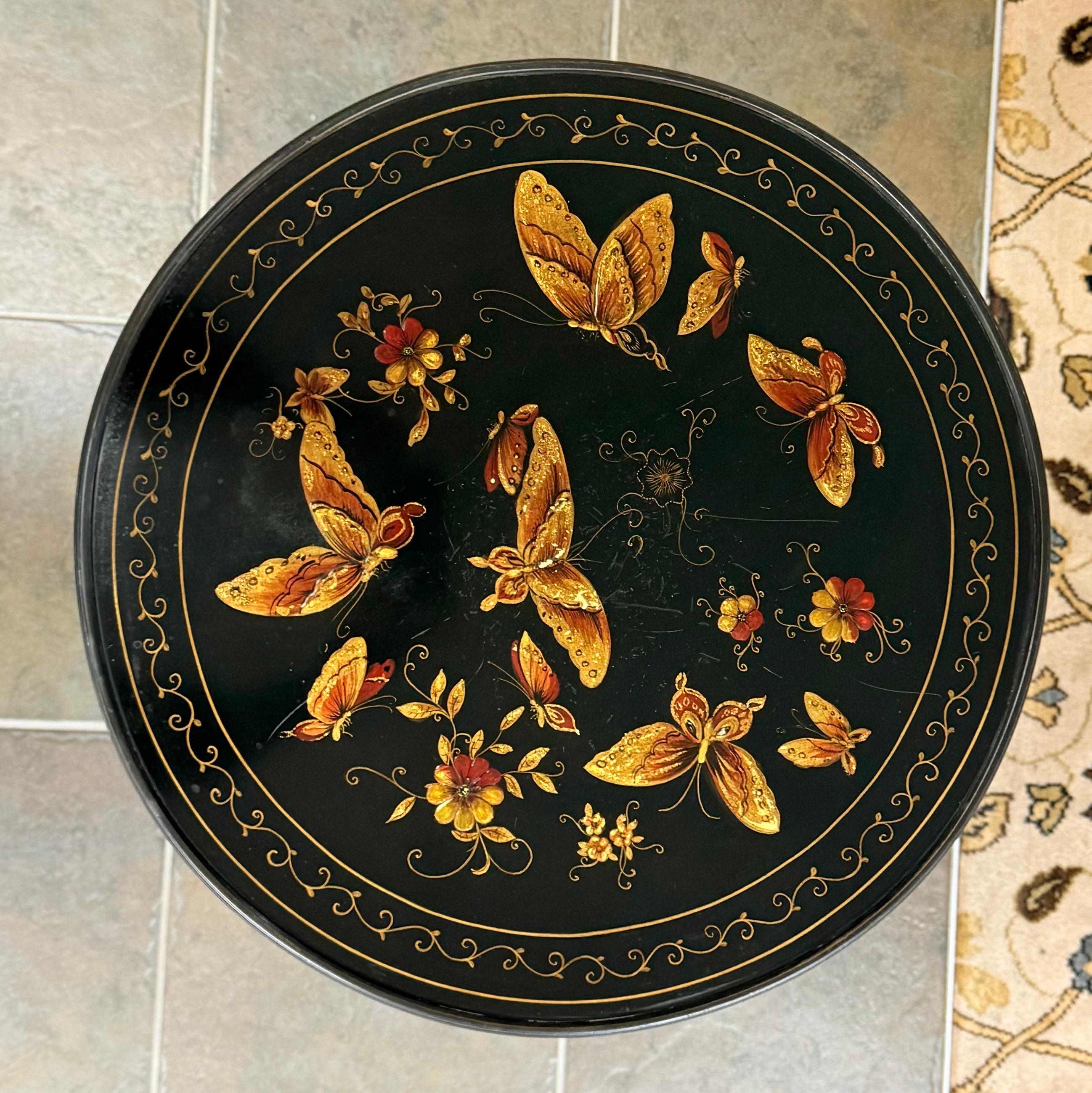 Wood Theodore Alexander Lacquered Butterfly Round Pedestal Side End Tripod Table For Sale