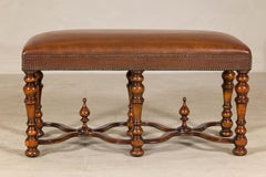 Theodore Alexander Louis XIII Style Leather Bench with Turned Hardwood Legs