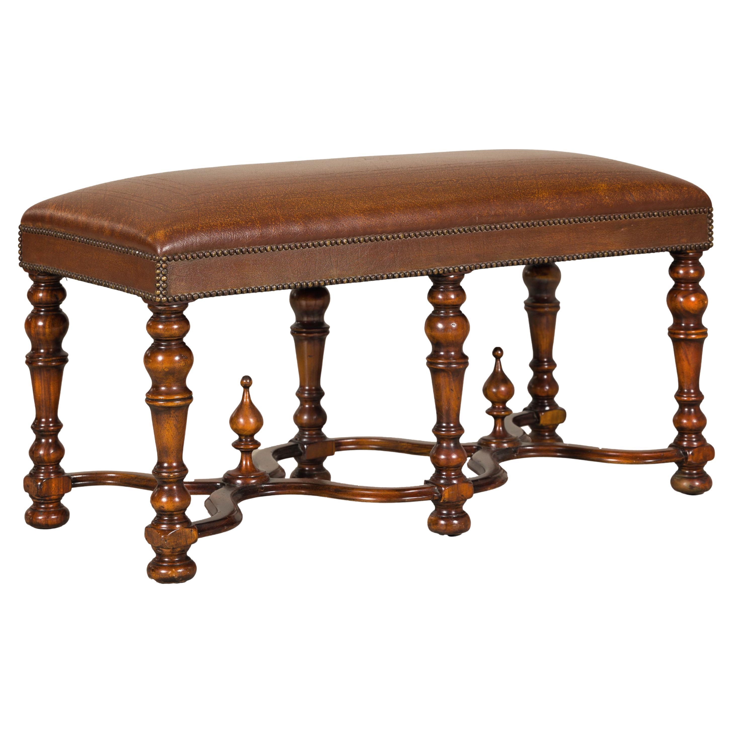 Theodore Alexander Louis XIII Style Leather Bench with Turned Hardwood Legs