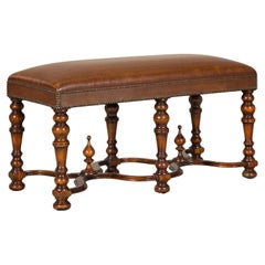 Theodore Alexander Louis XIII Style Leather Bench with Turned Hardwood Legs