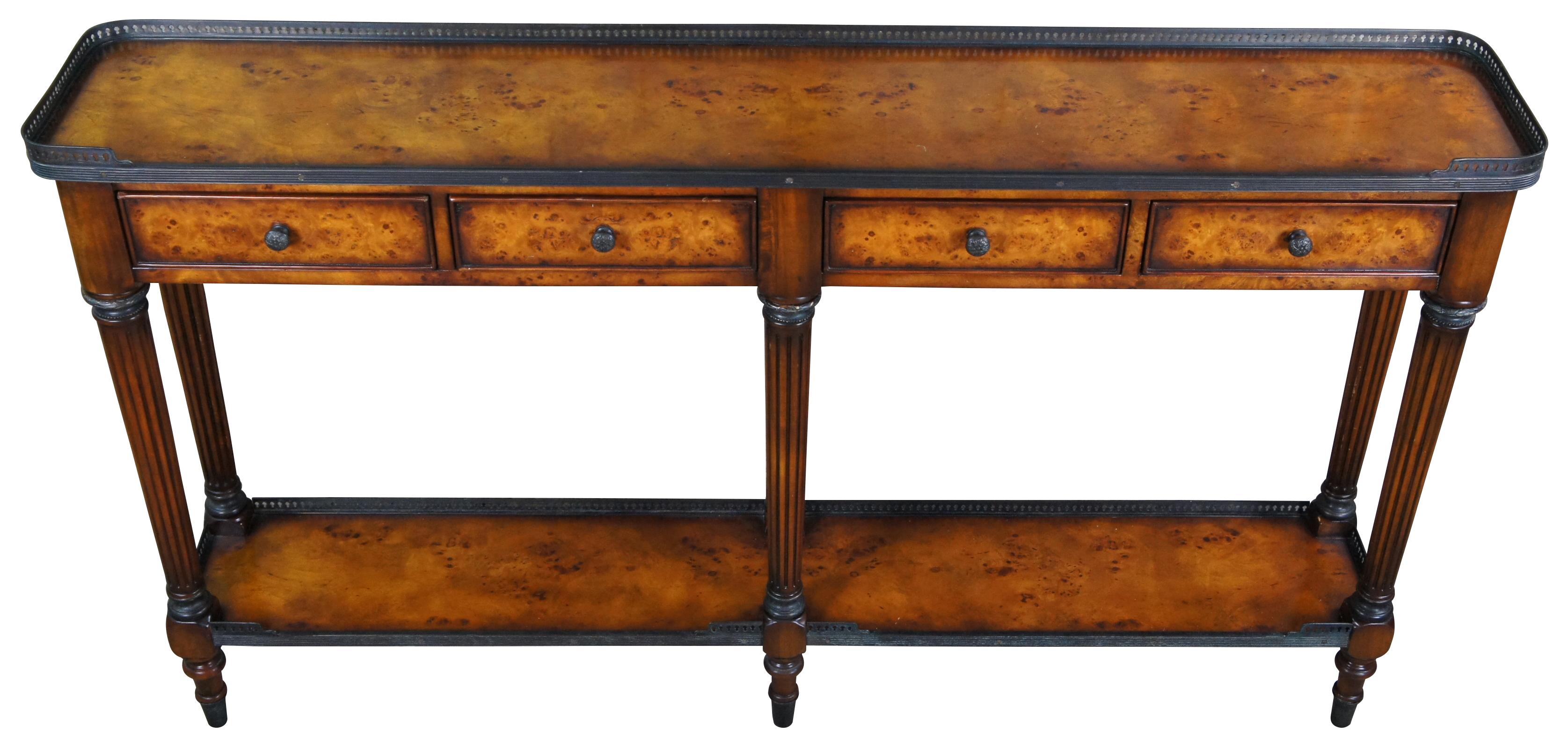 Vintage Theodore Alexander Louis XV style console or sideboard table featuring rectangular form with a narrow profile. The burl veneer and acacia console table has rounded corners and a brass gallery, above four frieze drawers, supported on six