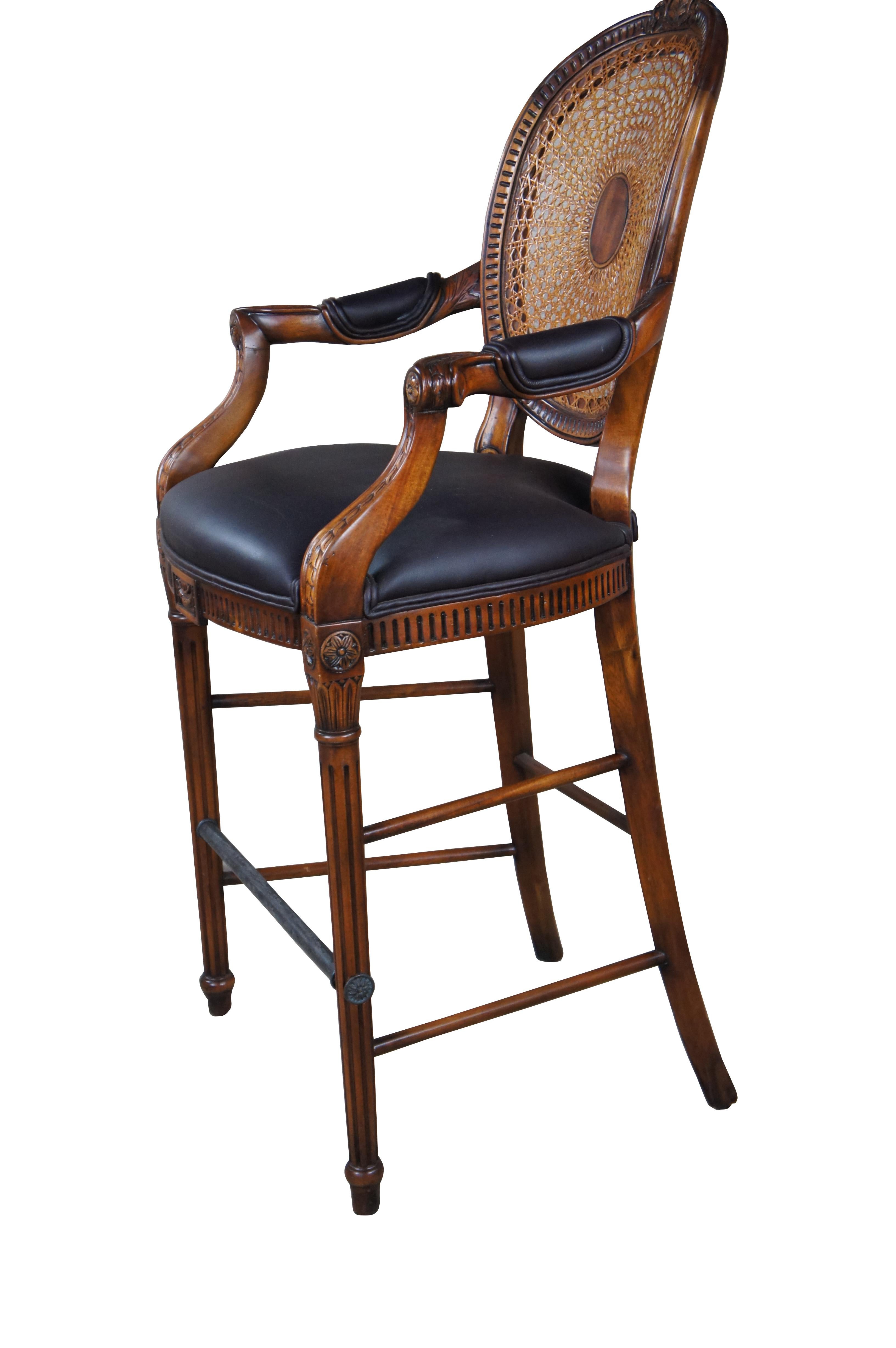 Theodore Alexander Louis XV Style Carved Mahogany & Leather Cane Back Bar Stool In Good Condition For Sale In Dayton, OH
