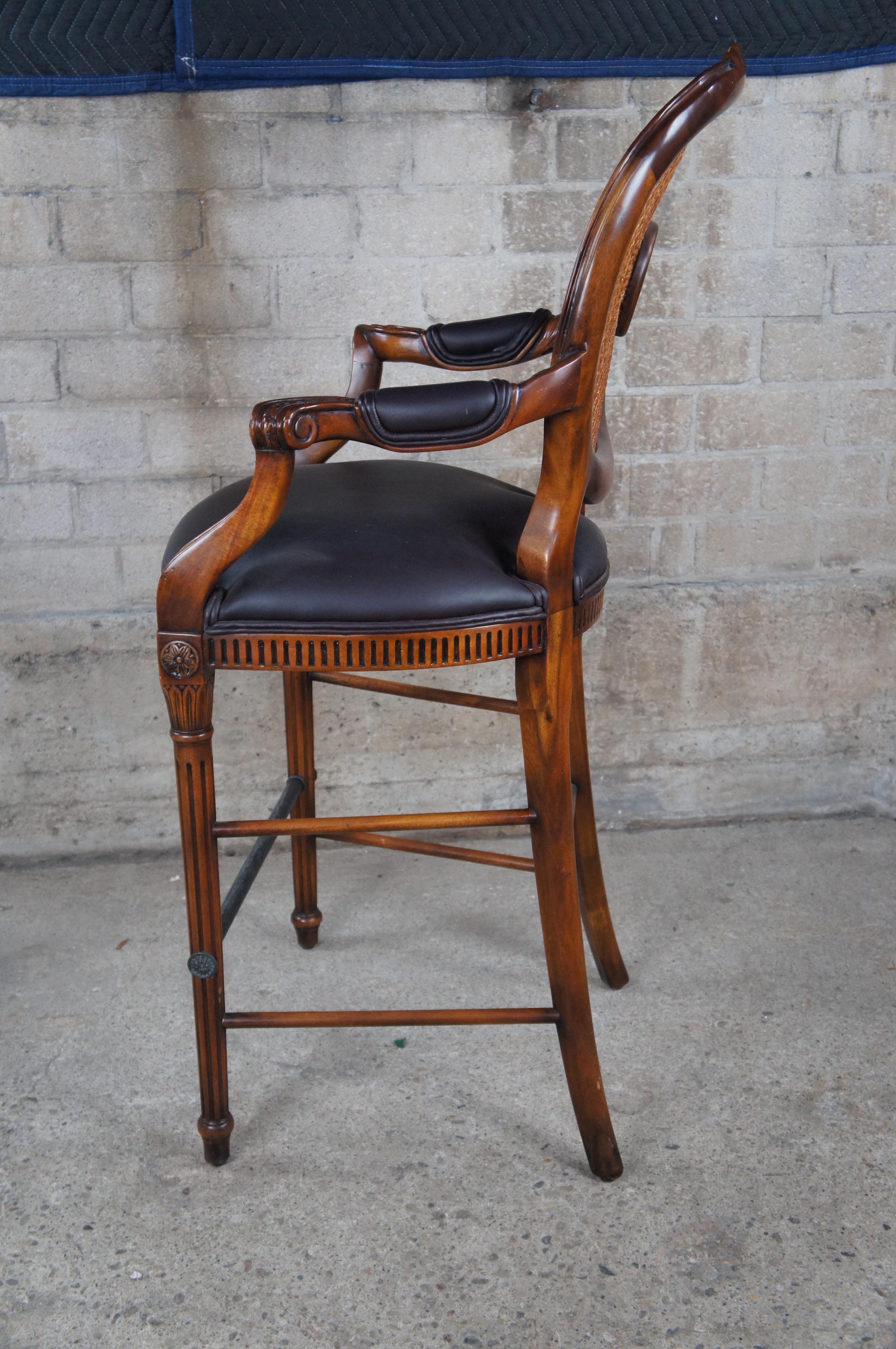 20th Century Theodore Alexander Louis XV Style Carved Mahogany & Leather Cane Back Bar Stool For Sale