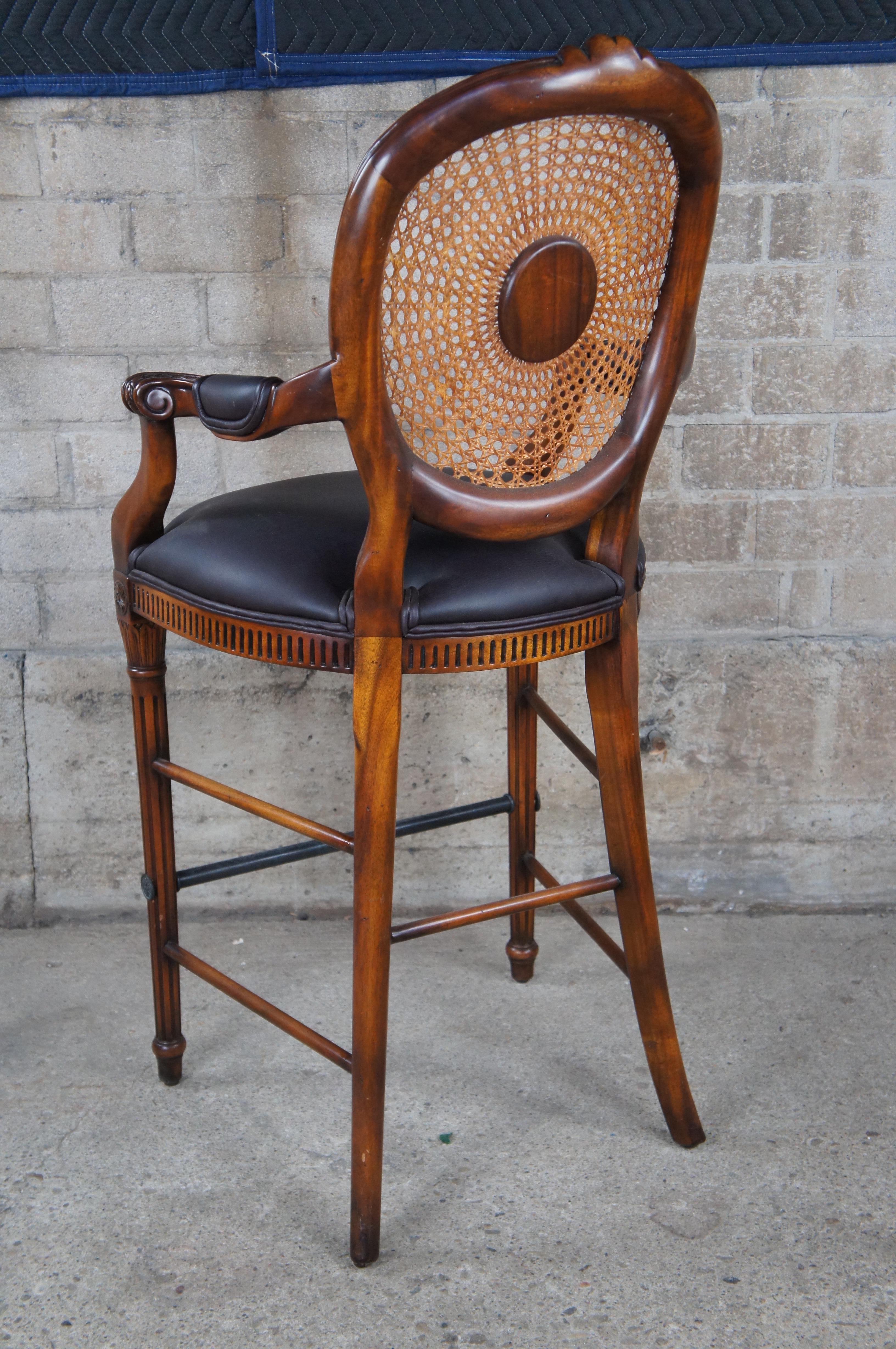 Theodore Alexander Louis XV Style Carved Mahogany & Leather Cane Back Bar Stool For Sale 1