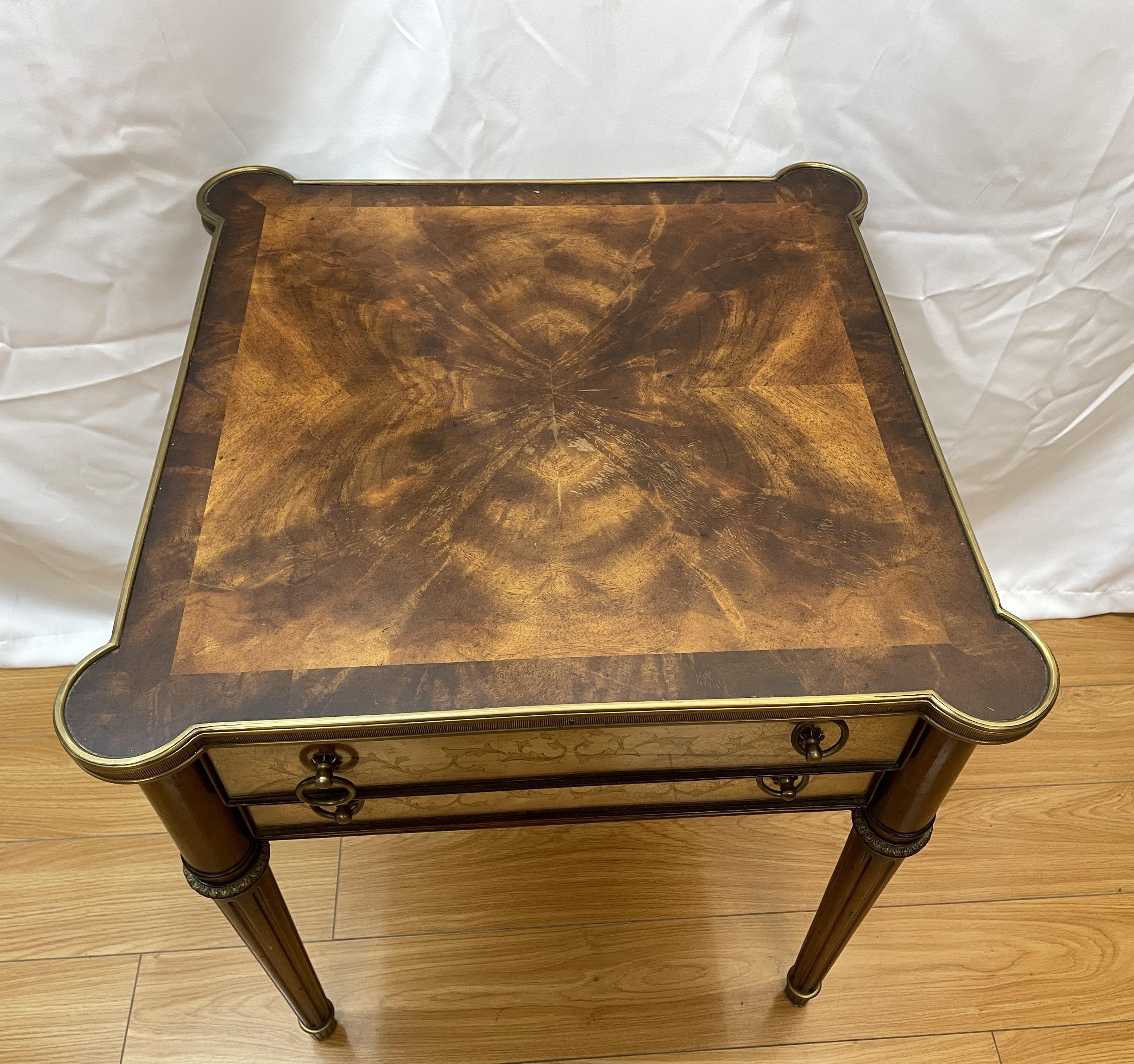 Theodore Alexander Louis XVI style accent table with two draws verse eglomise and brass band surround

24 x 24 x 28