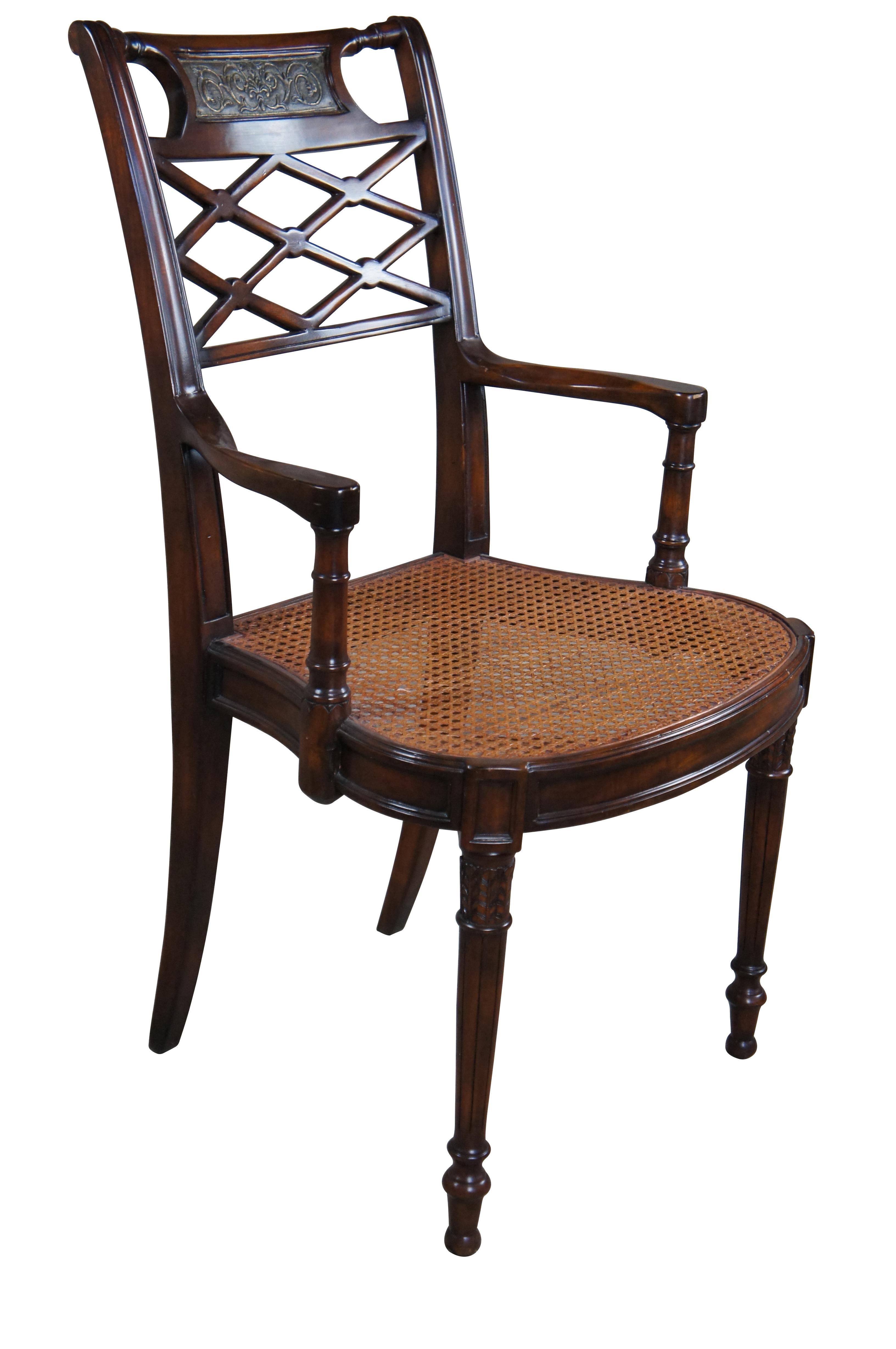 Theodore Alexander Louis XVI Style Mahogany Bronze Repousse Lattice Arm Chair In Excellent Condition For Sale In Dayton, OH