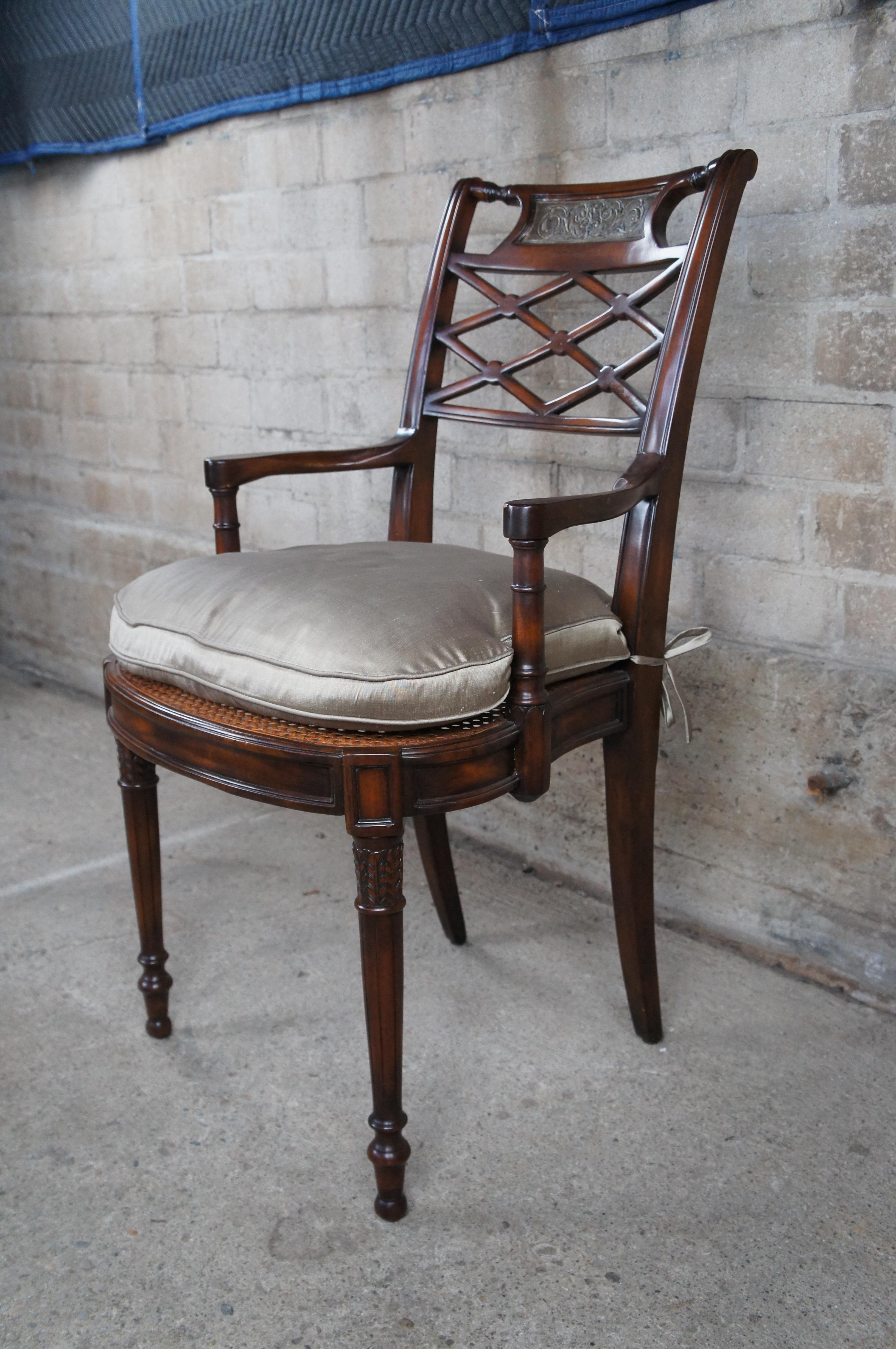 20th Century Theodore Alexander Louis XVI Style Mahogany Bronze Repousse Lattice Arm Chair For Sale
