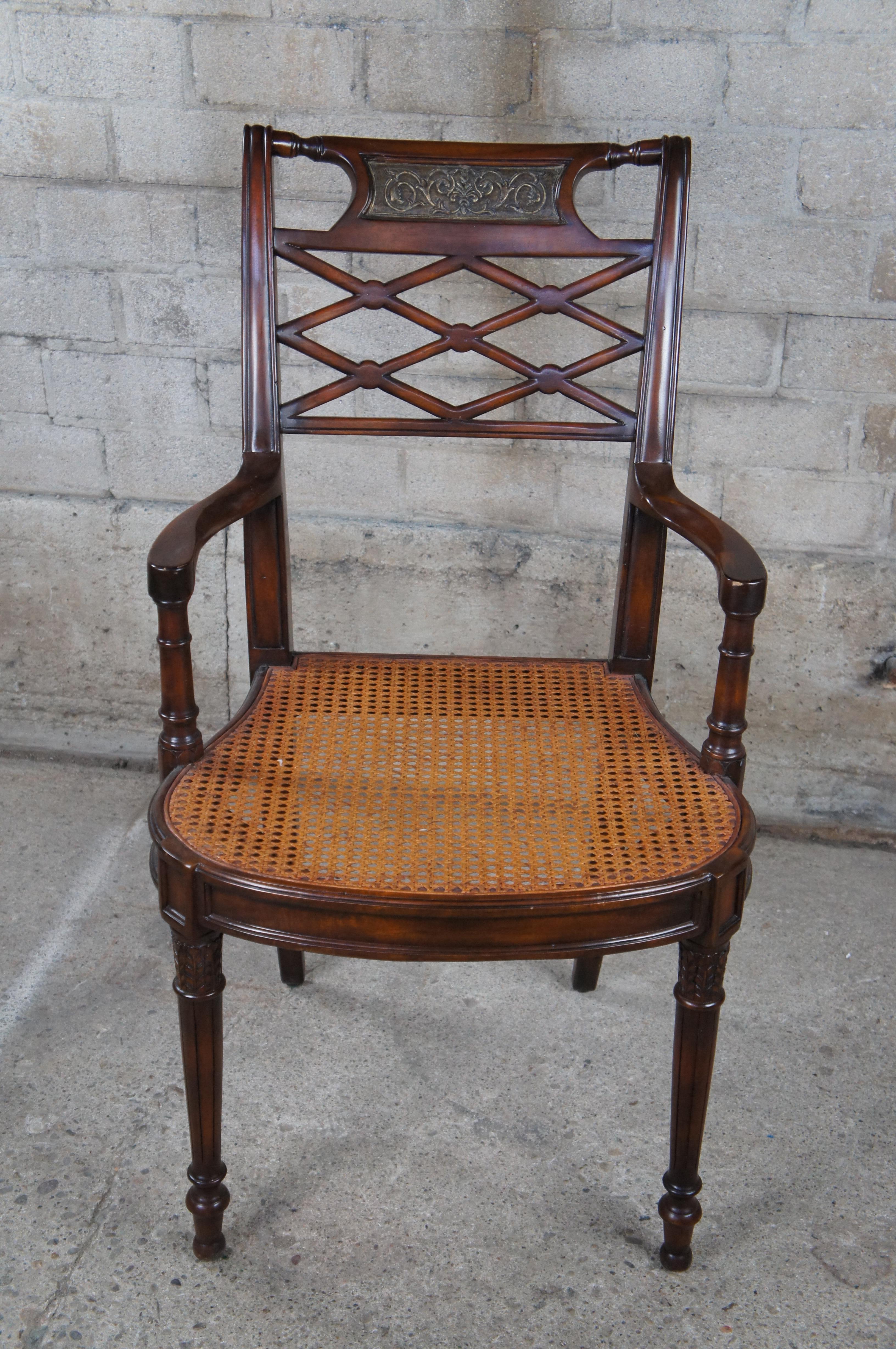 Theodore Alexander Louis XVI Style Mahogany Bronze Repousse Lattice Arm Chair For Sale 4
