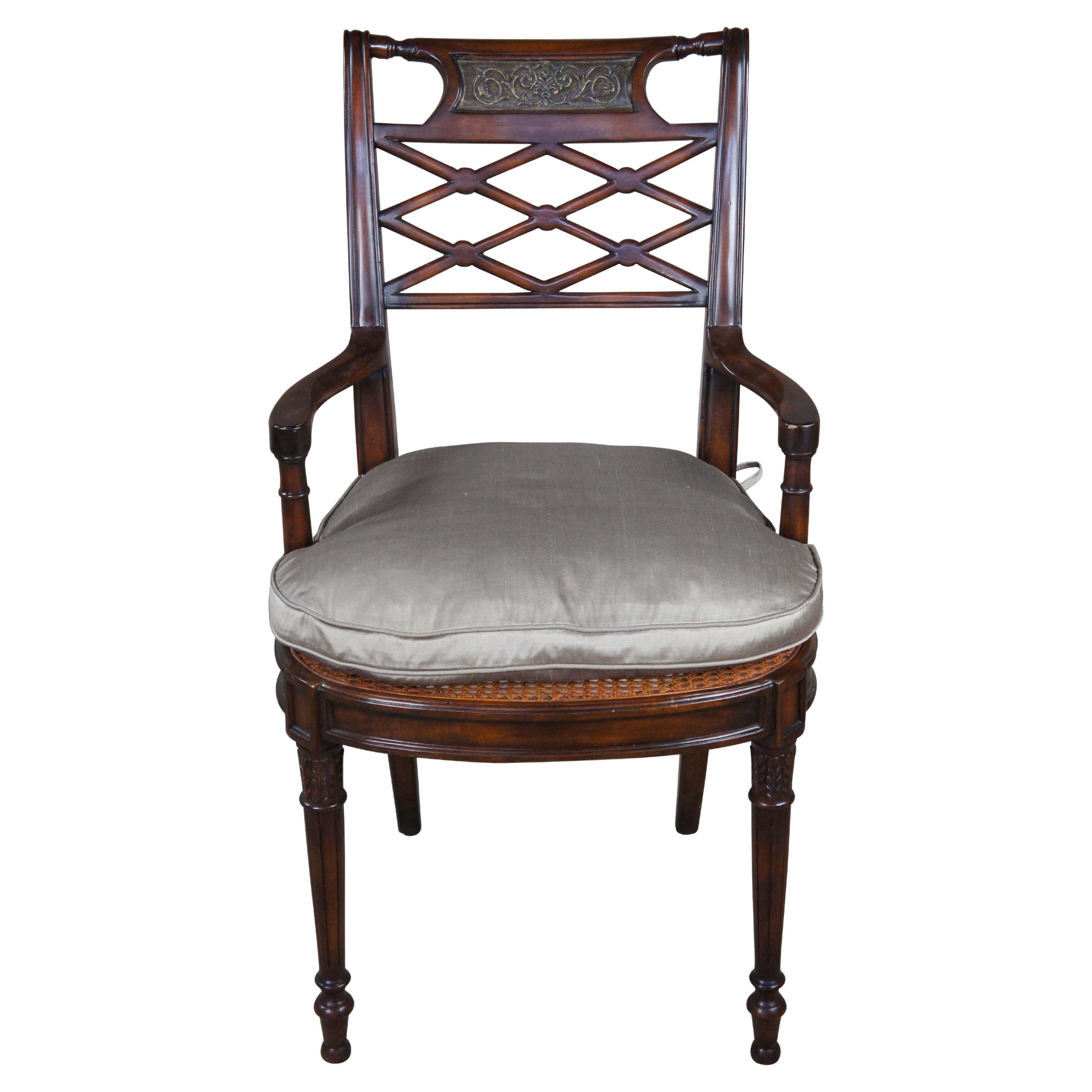 Theodore Alexander Louis XVI Style Mahogany Bronze Repousse Lattice Arm Chair For Sale