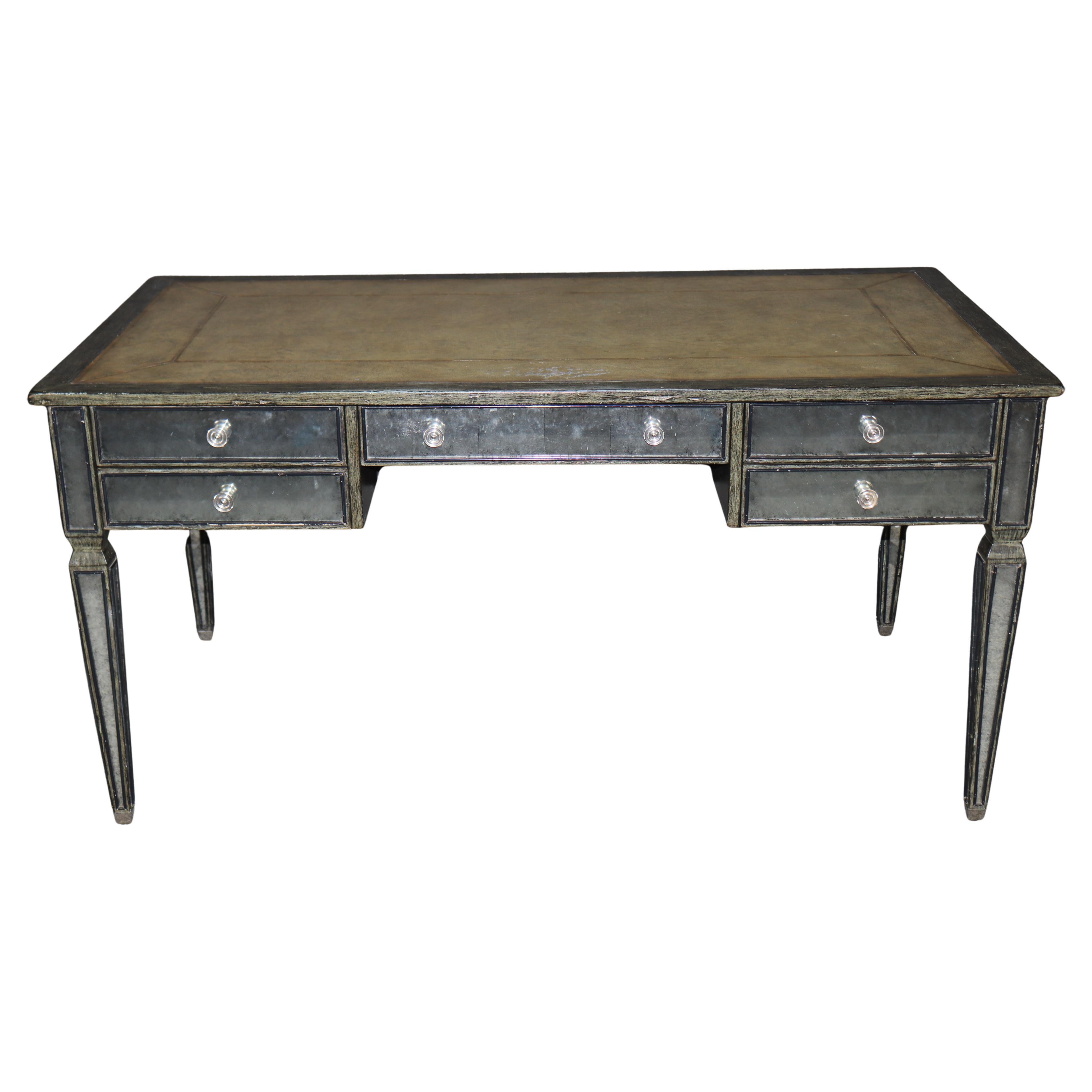 Theodore Alexander Louis XVI Style Mirrored Églomisé Leather Top Desk Distressed