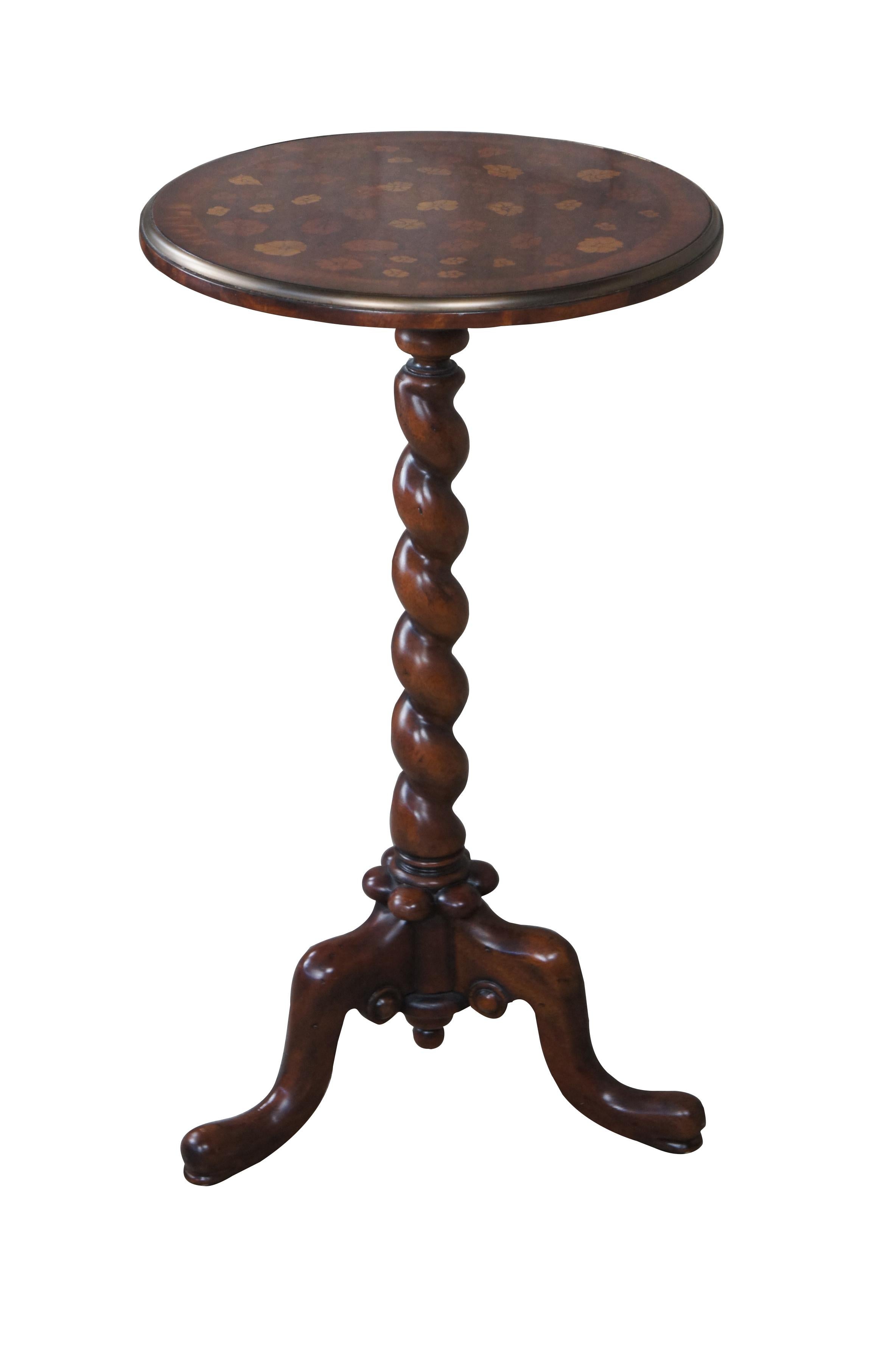 Vintage Theodore Alexander sculpture pedestal, lamp table or plant stand. Inspired by the likes of William & Mary styling which was prolific in Early Americana and Britain until the early 1700s. Made of mahogany featuring round form with brass