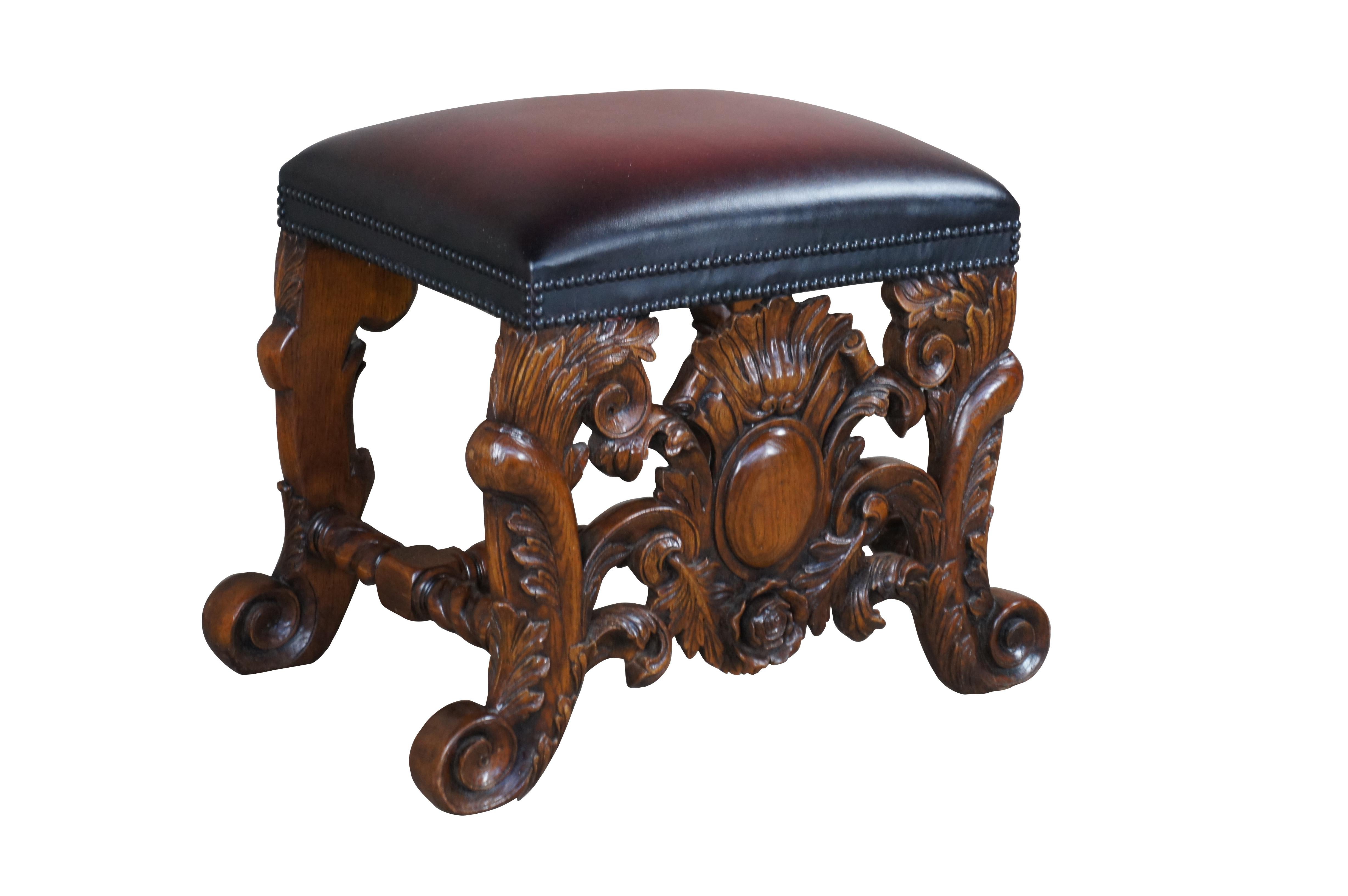 Baroque Theodore Alexander Mahogany Leather Nailhead Acanthus Foot Stool Rest Ottoman