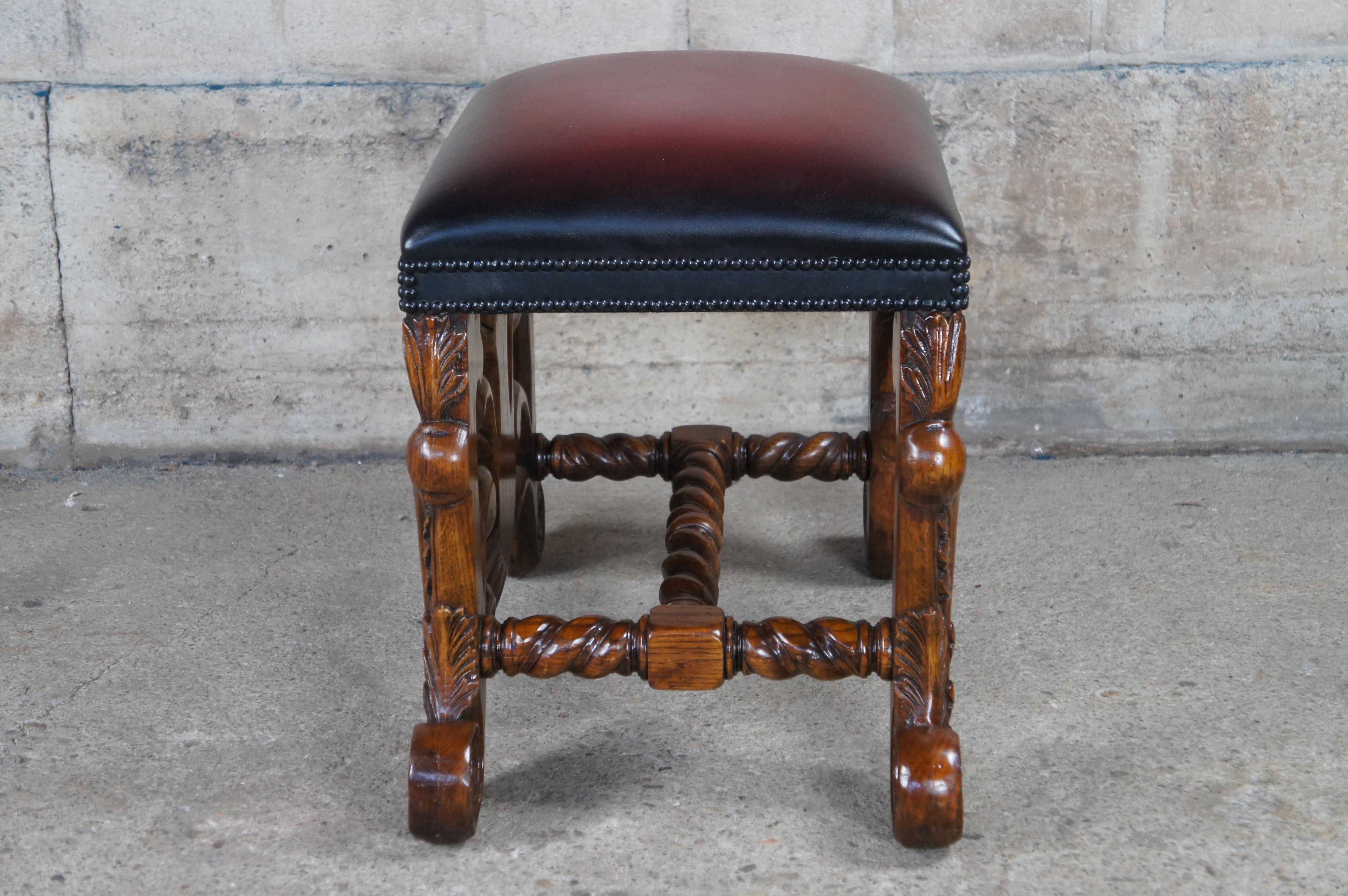 Theodore Alexander Mahogany Leather Nailhead Acanthus Foot Stool Rest Ottoman In Good Condition In Dayton, OH
